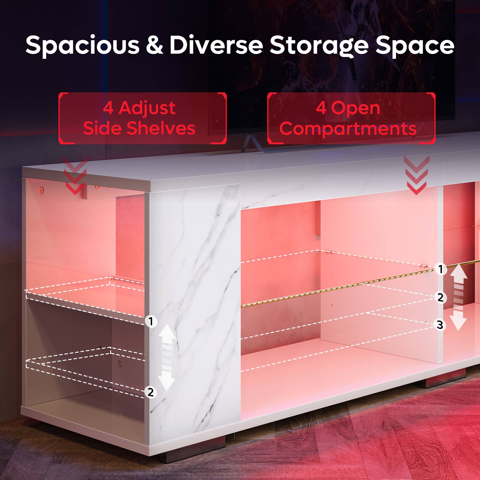 Spacious & Diverse Storage Space

4 Adjust Side Shelves

4 Open Compartments

1
2
3