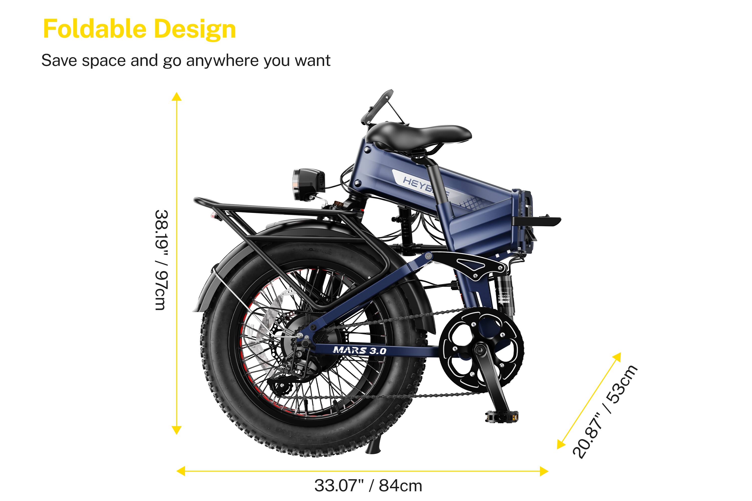 Foldable Design  
Save space and go anywhere you want  

38.19" / 97cm  
33.07" / 84cm  
20.87" / 53cm  
20.87" / 53cm