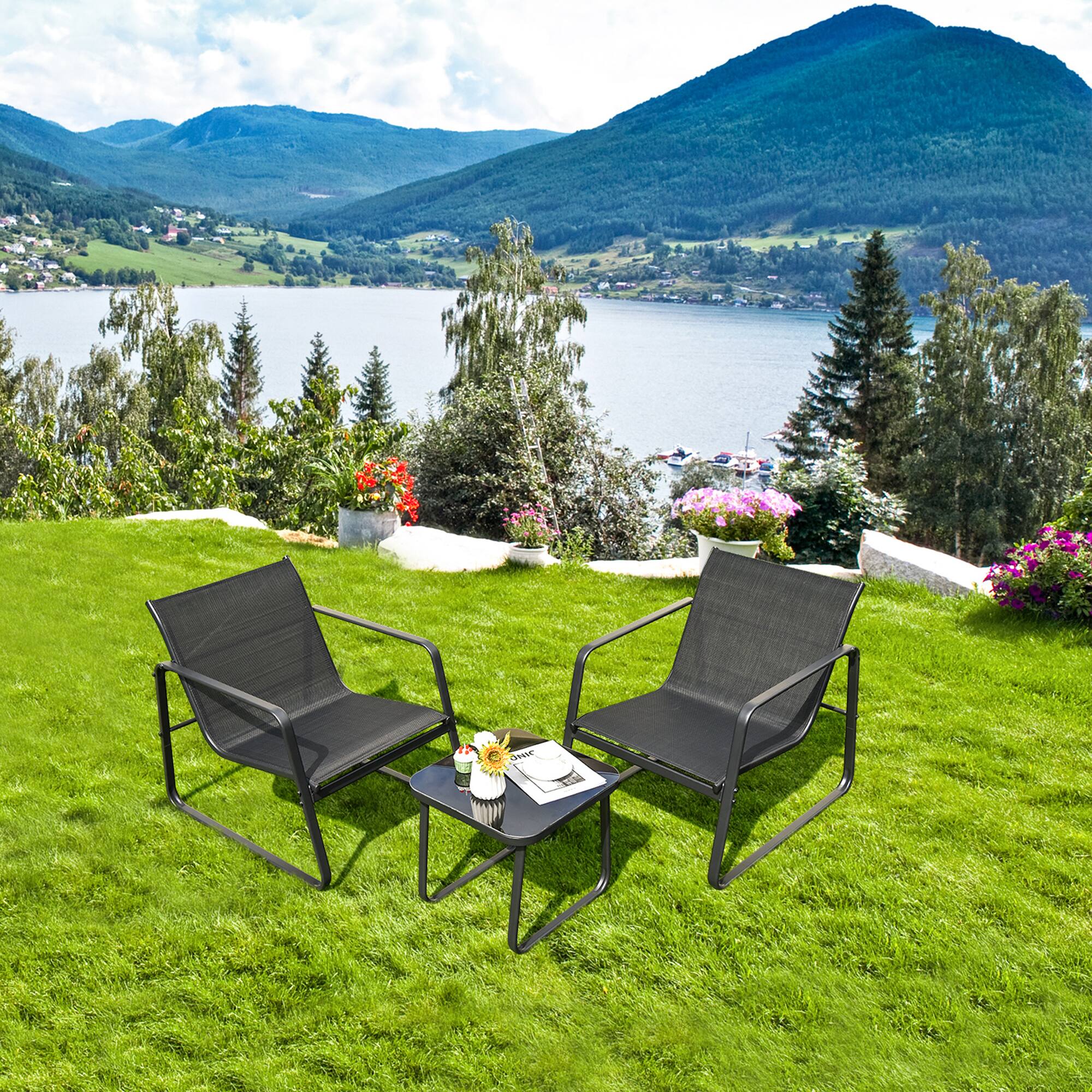 Gymax - 3PCS Patio Bistro Set Conversation Furniture Set w/ Fast-Drying Fabric - Black