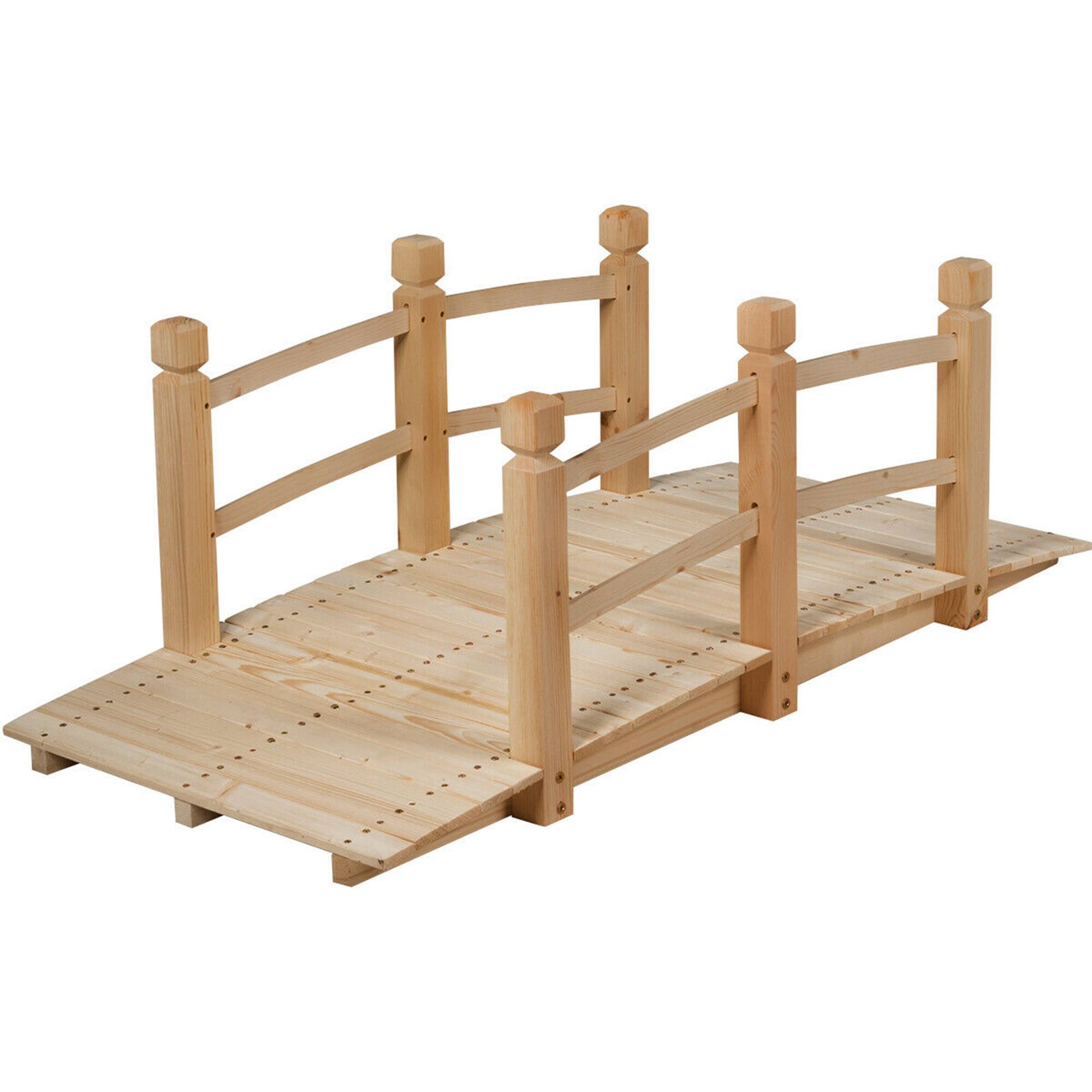 Alt View 3. Gymax - Gymax 5Ft Garden Wooden Bridge Decoration Backyard Pond w/ Safety Rails Natural - Natural.