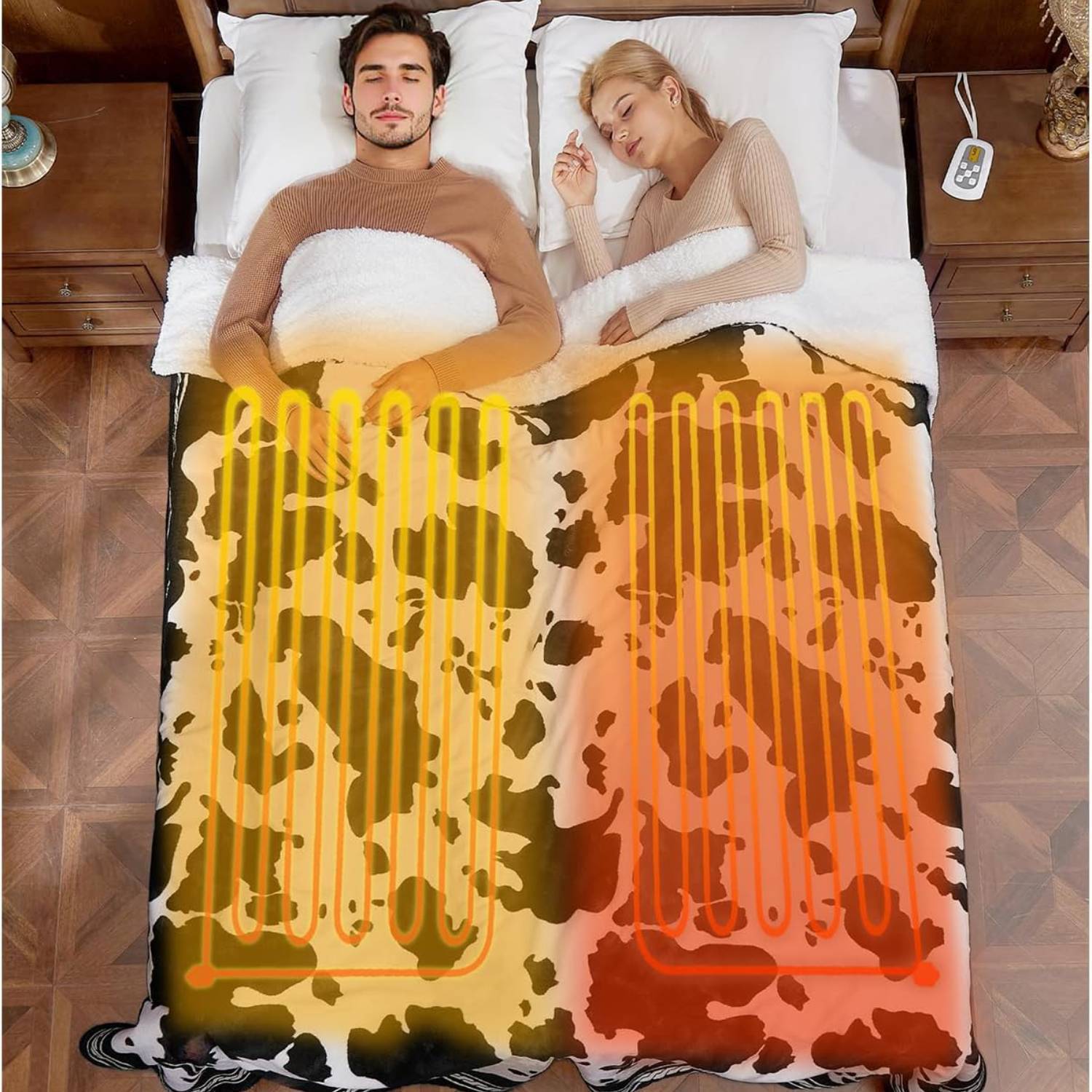 Left. Acekool - 50"*60" Cow Print 10 Heat Levels Electric Heating Blanket, Machine Washable, Black+White - Black+White.