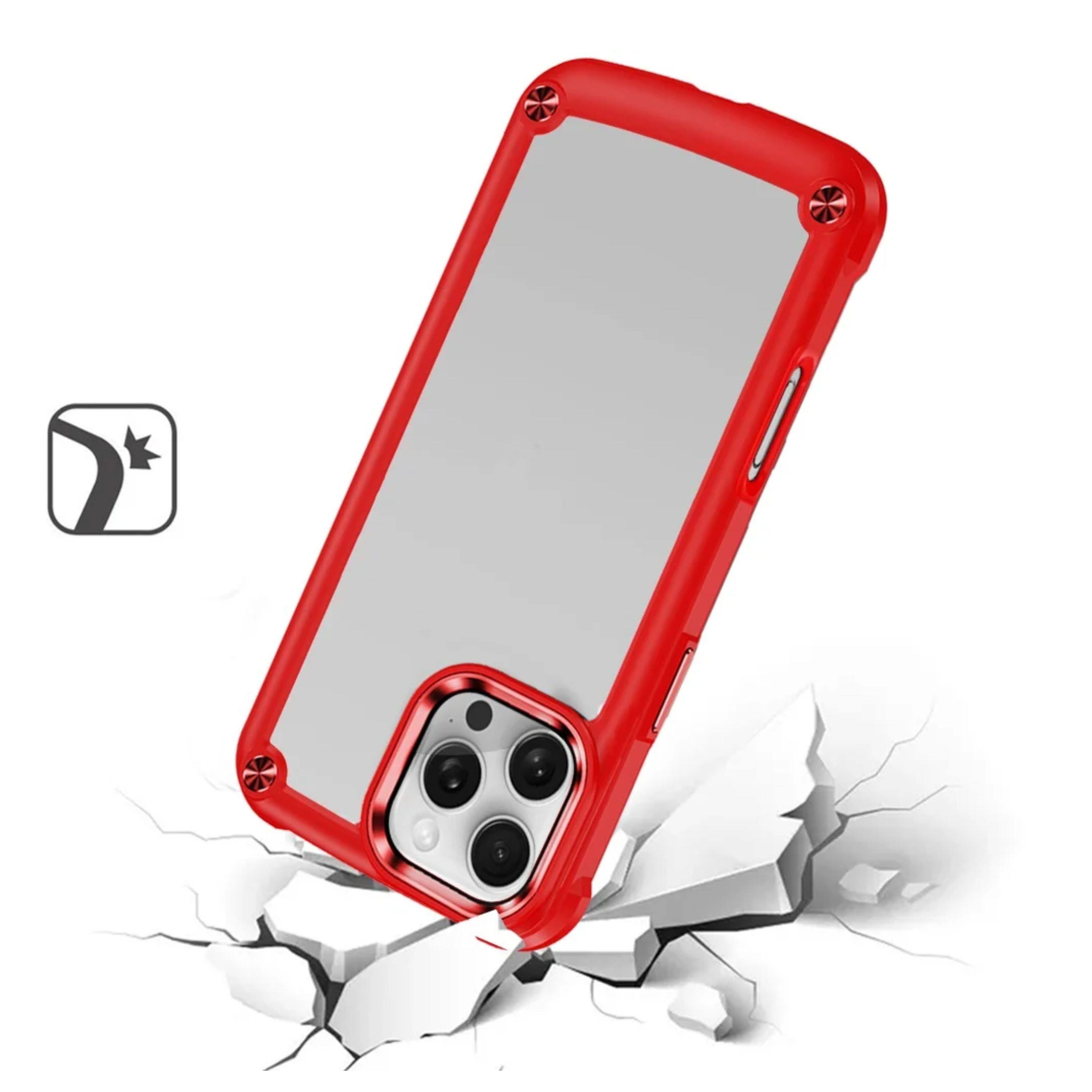 Left. Kitcheniva - Raised Camera Lip Metal Buttons Phone Case With Tempered Glass For iPhone 16 Pro Red - Red.