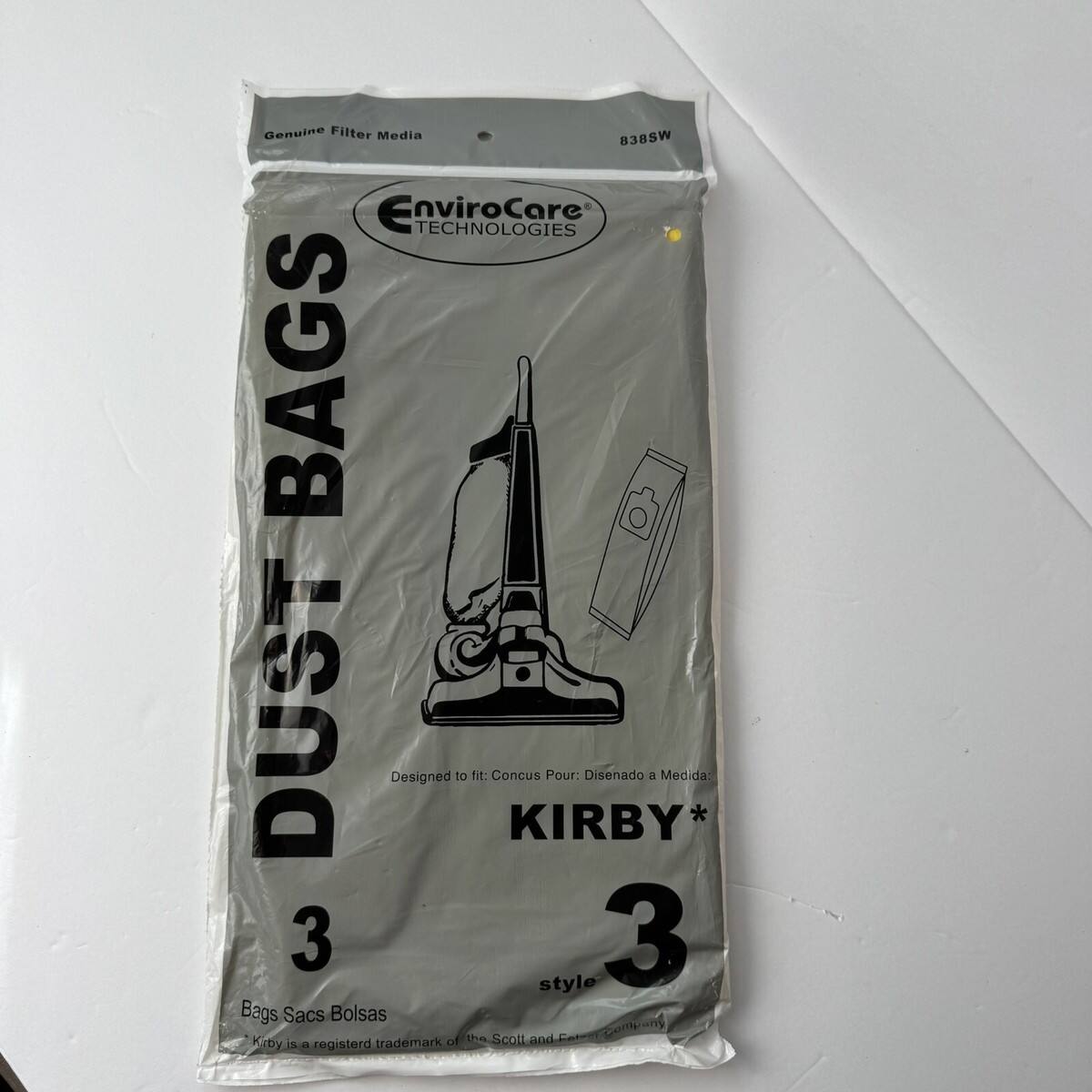 Genuine Filter Media  
B38SW  
EnviroCare TECHNOLOGIES  

DUST BAGS  
Designed to fit: Concus KIRBY*  
Pour: Disenado a Medida: 3 style 3 Bags Sacs Bolsas  

Kirby is a registered trademark of the Scott and Fet Company