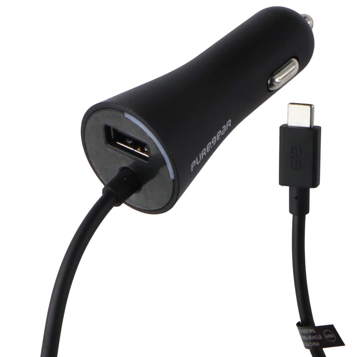 PureGear - 24W Car Charger with 7-Ft USB-C Connector and Extra USB Port - Black