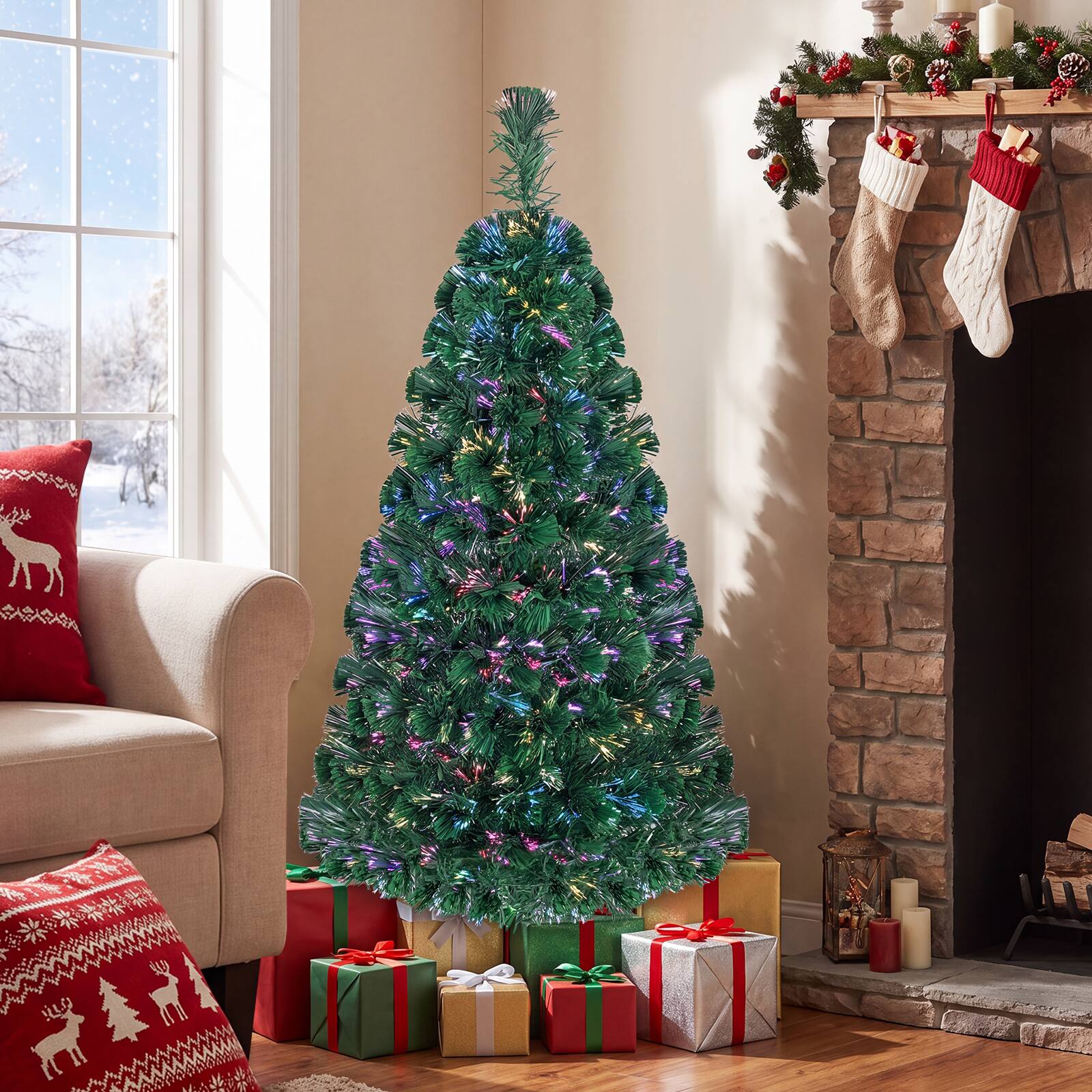 Gymax - 4 FT Pre-Lit Fiber Optic Artificial Christmas Tree w/ Multicolored Lights - Green