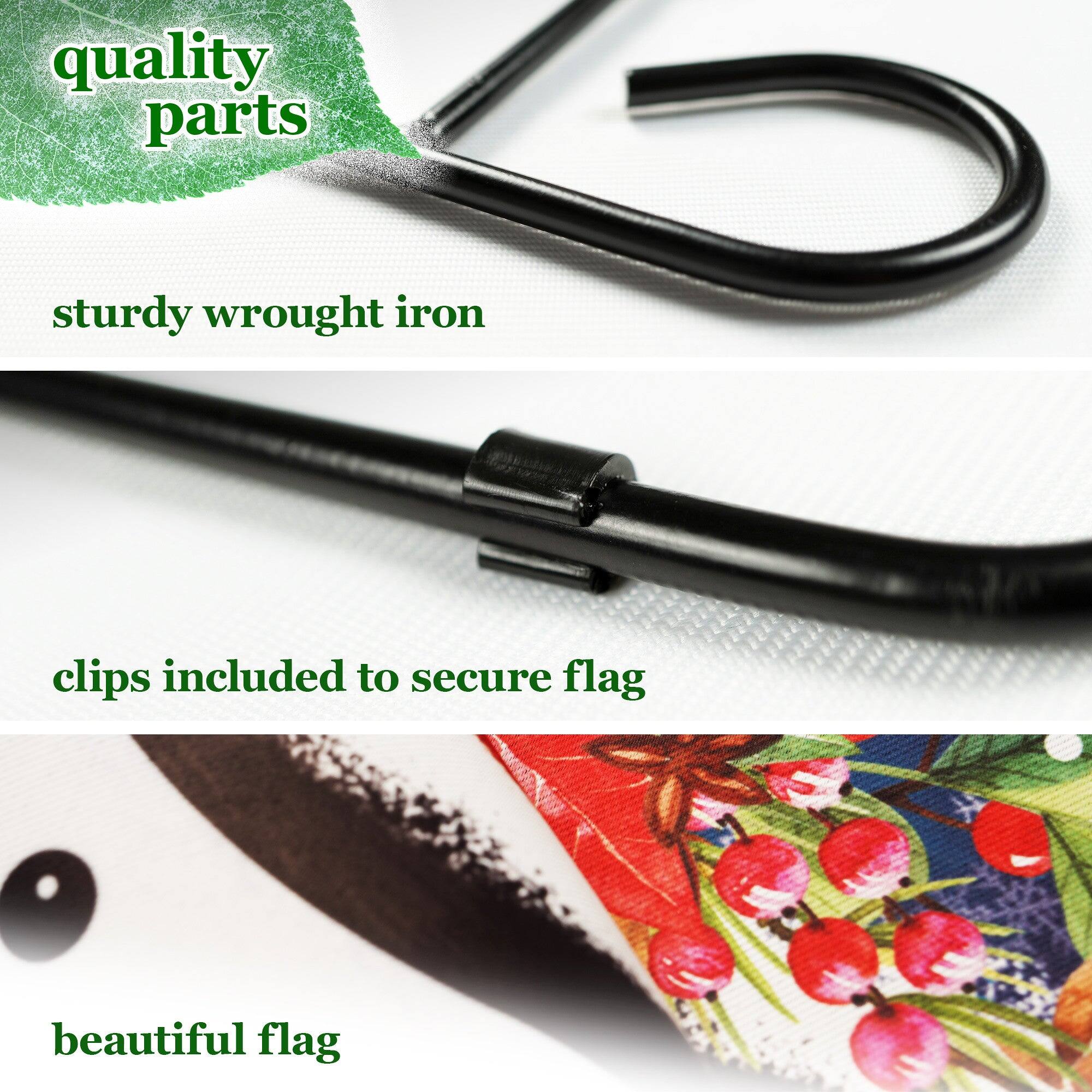 quality parts  
sturdy wrought iron  
clips included to secure flag  
beautiful flag