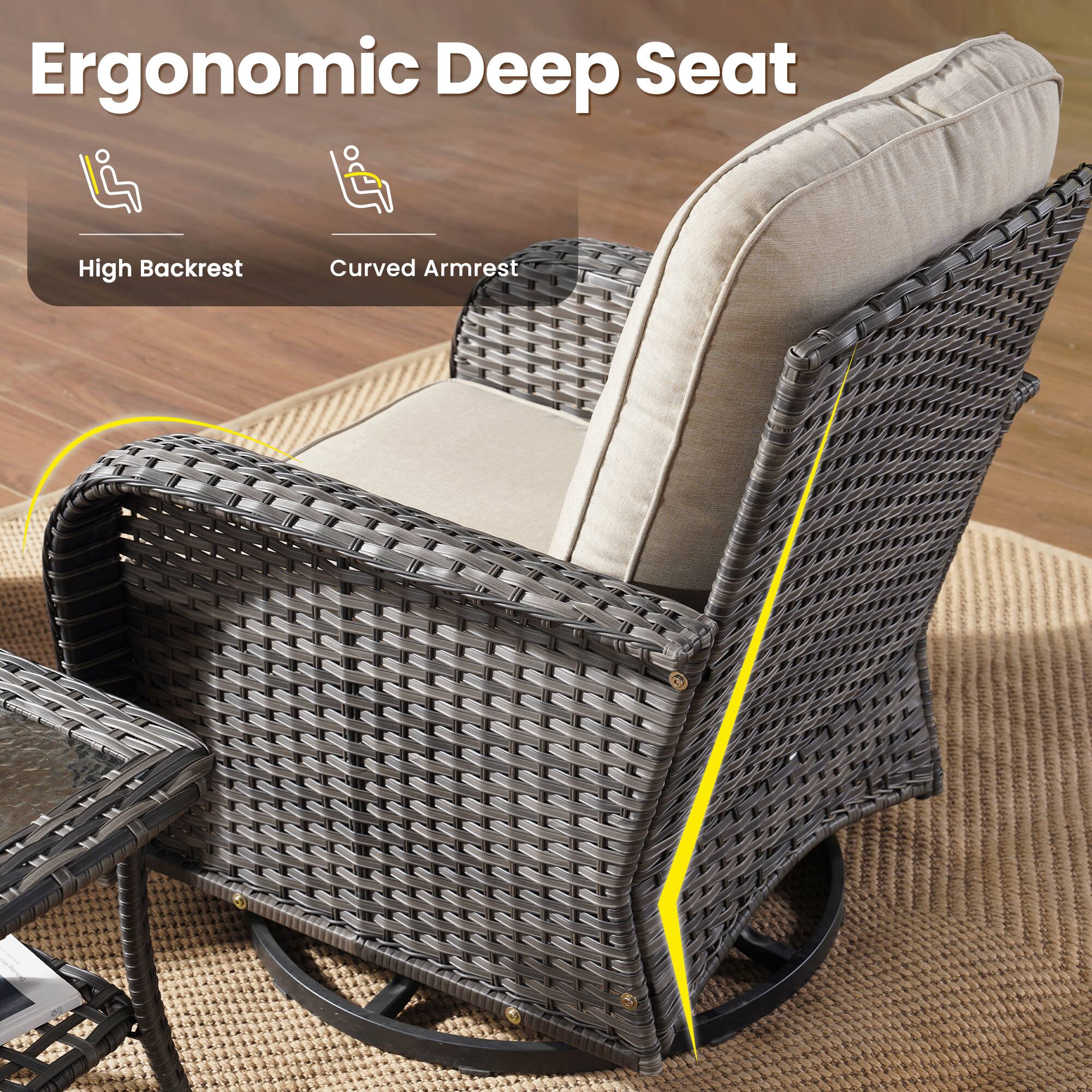 Ergonomic Deep Seat

- High Backrest
- Curved Armrest