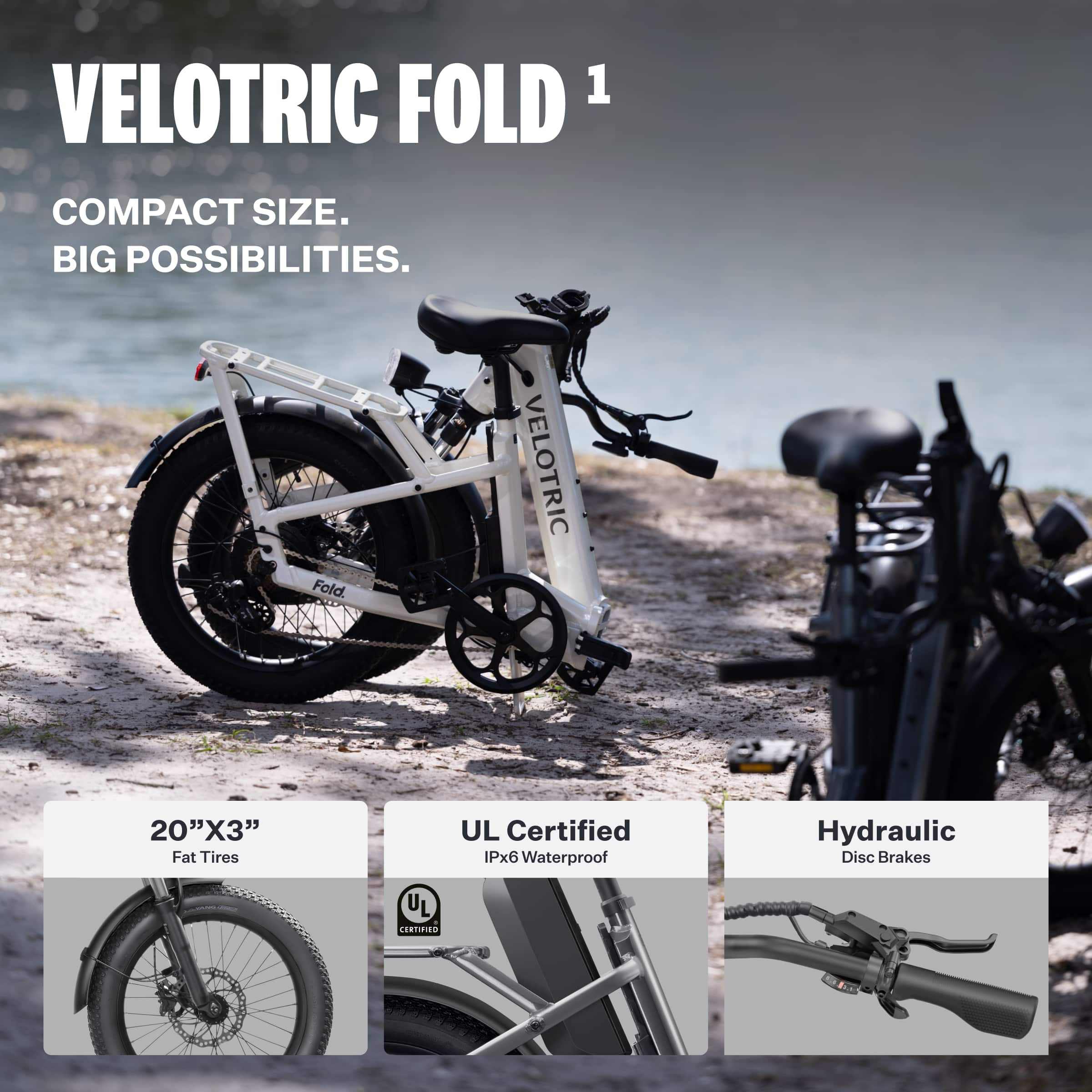 Velotric Fold 1 is a compact size bike with big possibilities. It is designed to fold, making it easy to carry and store. The bike features 20"x3" fat tires, which provide better traction and stability on various terrains. Additionally, it is UL certified and IPx6 waterproof, ensuring durability and protection from the elements. The bike also has hydraulic disc brakes for improved stopping power and control.