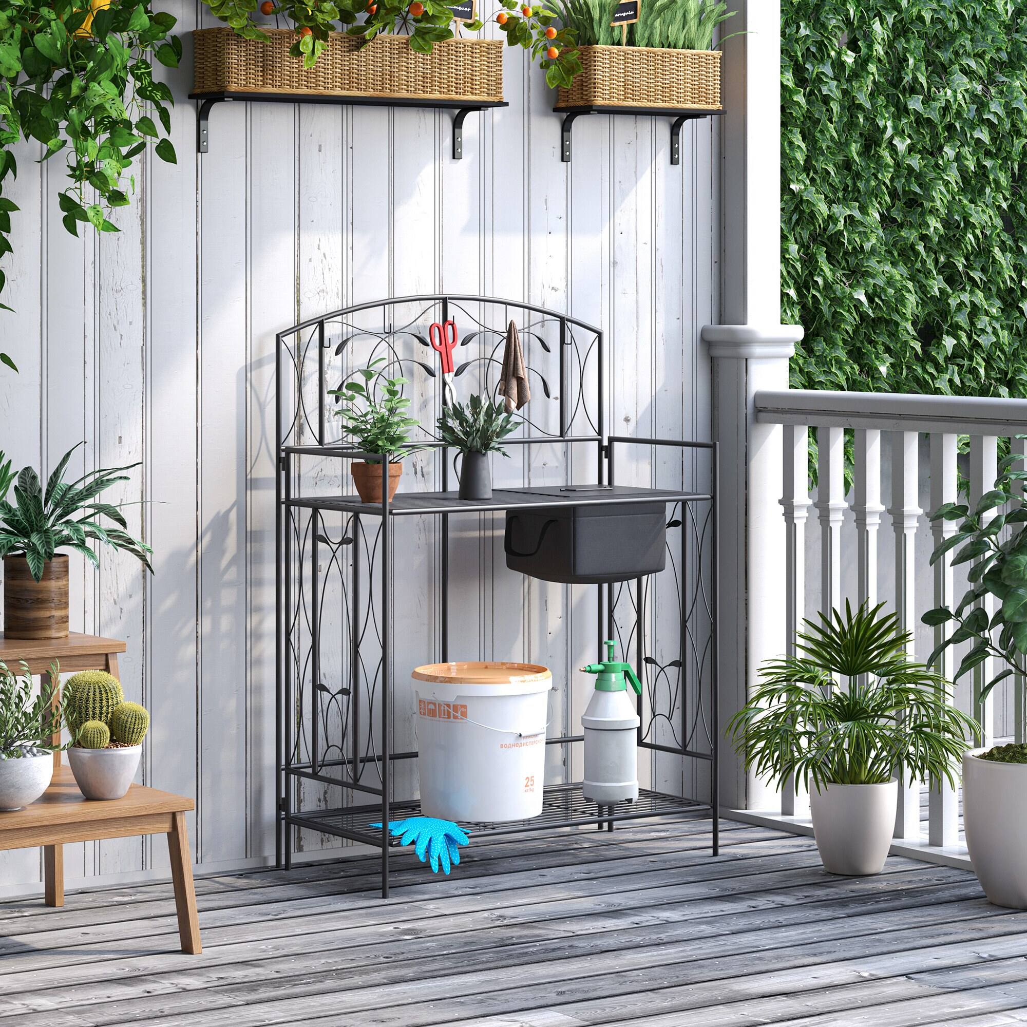 Alt View 1. Outsunny - Potting Bench Table, Metal Garden Workstation - Black.