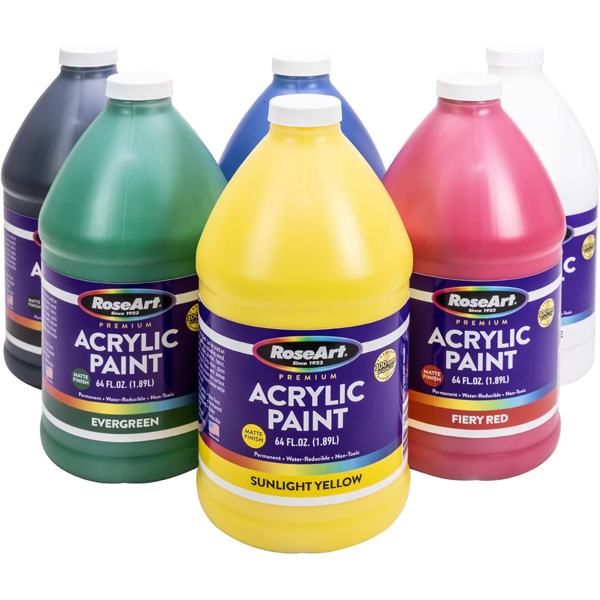A CATE RoseArt RoseArt Since 1923 Premium Acrylic Paint Blocks 100% Acid-Free Paint. Blocks come in 64 fl. oz. (1.89L) size. Permanent water-reducible non-toxic acrylic paint. Evergreen, Fiery Red, Matte Finish 64, Sunlight Yellow.