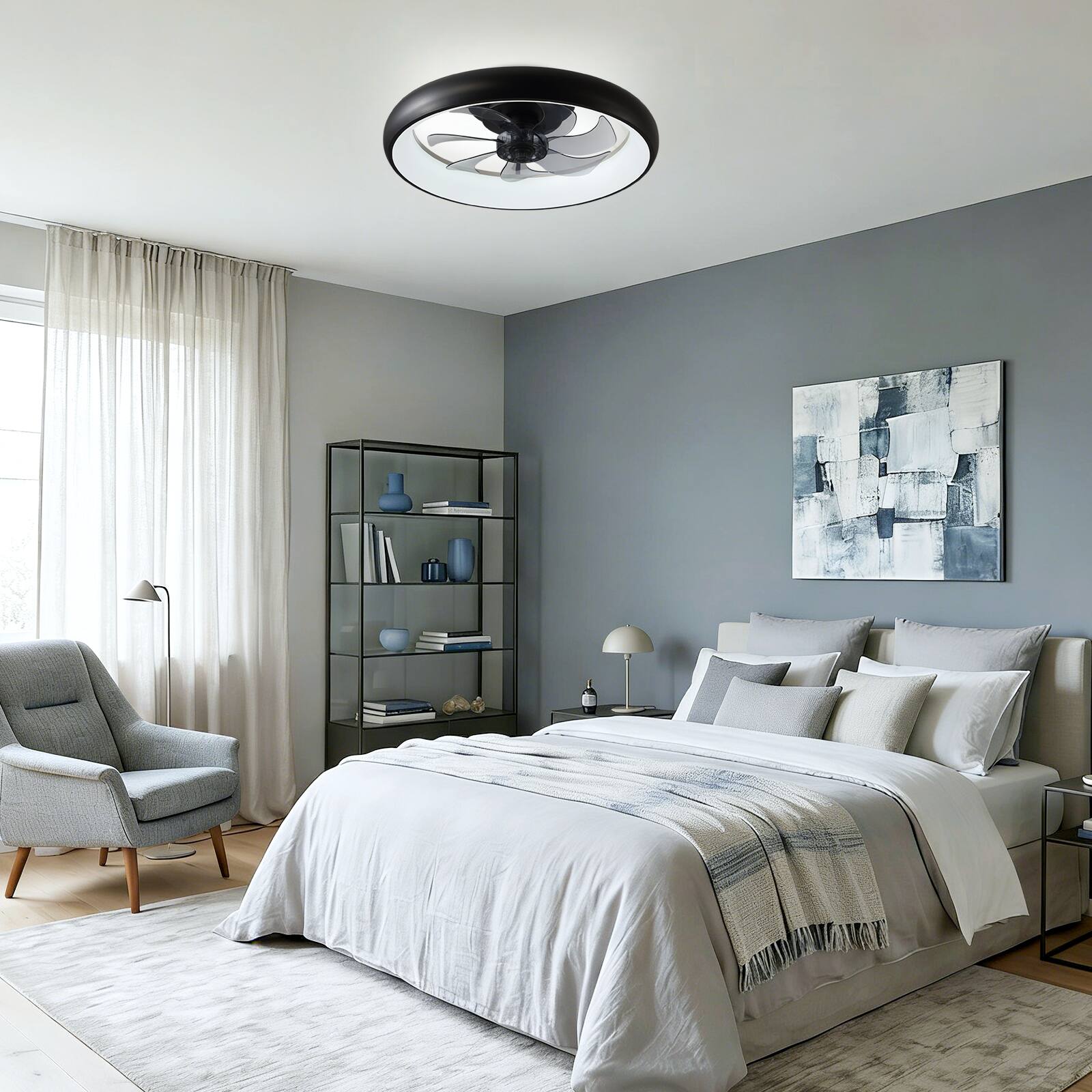 Alt View 6. Siljoy - 20 Inch Black Flush Mount Ceiling Fan with LED Lights, Remote & APP Control for Bedroom Living Room Kitchen - Black.