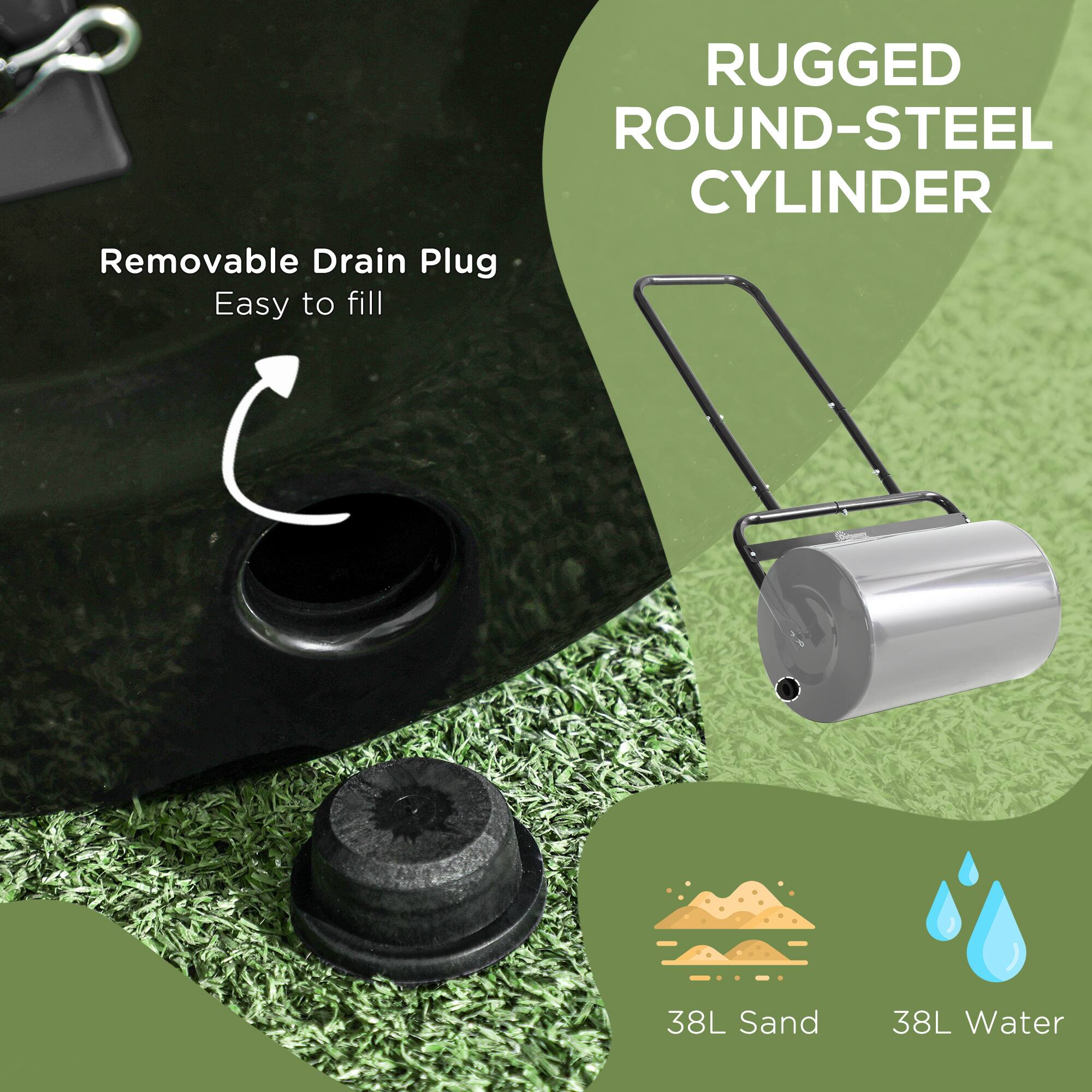RUGGED ROUND-STEEL CYLINDER

Removable Drain Plug
Easy to fill

38L Sand
38L Water