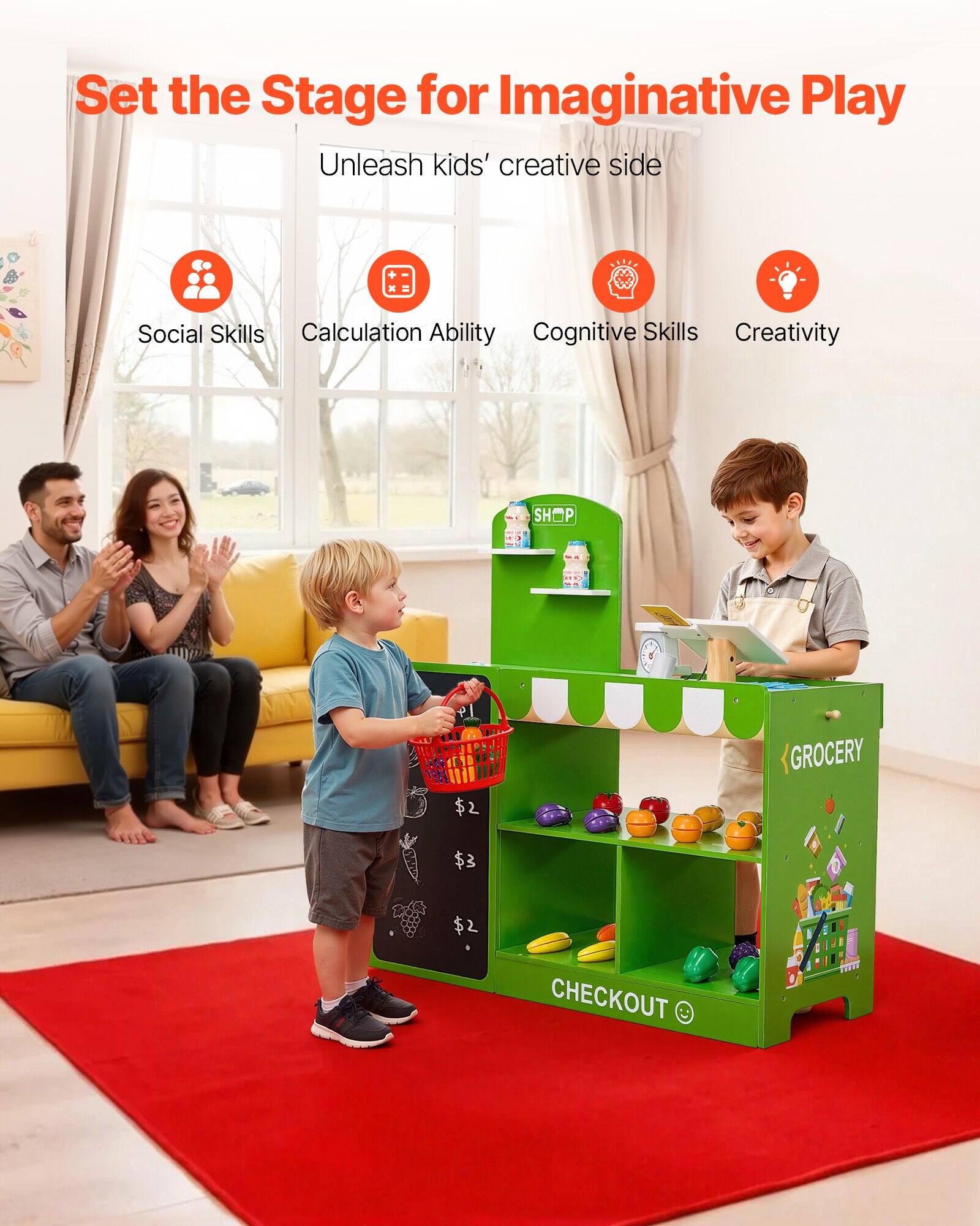 Set the Stage for Imaginative Play  
Unleash kids' creative side  

Social Skills  
Calculation Ability  
Cognitive Skills  
Creativity  

SHOP  
$2  
GROCERY  
$3  
$2  
CHECKOUT