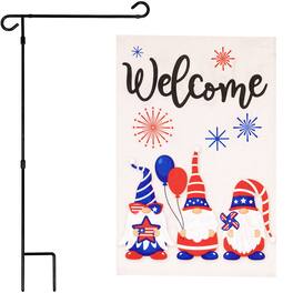 G128 - Combo Pack: 36 x 16 in 3-Piece Garden Flag Stand with 12 x 18 in Double-Sided Burlap Patriotic Gnome Flag - Assorted Colors