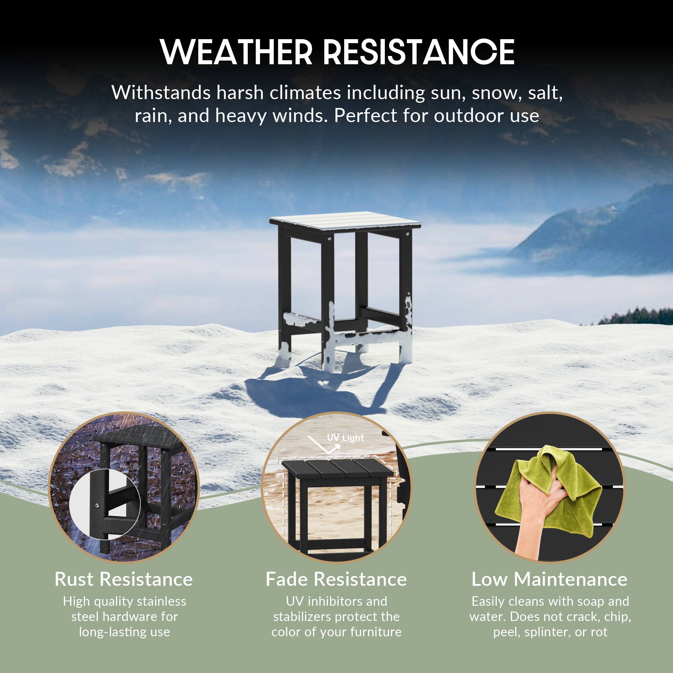 WEATHER RESISTANCE  
Withstands harsh climates including sun, snow, salt, rain, and heavy winds. Perfect for outdoor use.

Rust Resistance  
High quality stainless steel hardware for long-lasting use.

Fade Resistance  
UV inhibitors and stabilizers protect the color of your furniture.

Low Maintenance  
Easily cleans with soap and water. Does not crack, chip, peel, splinter, or rot.