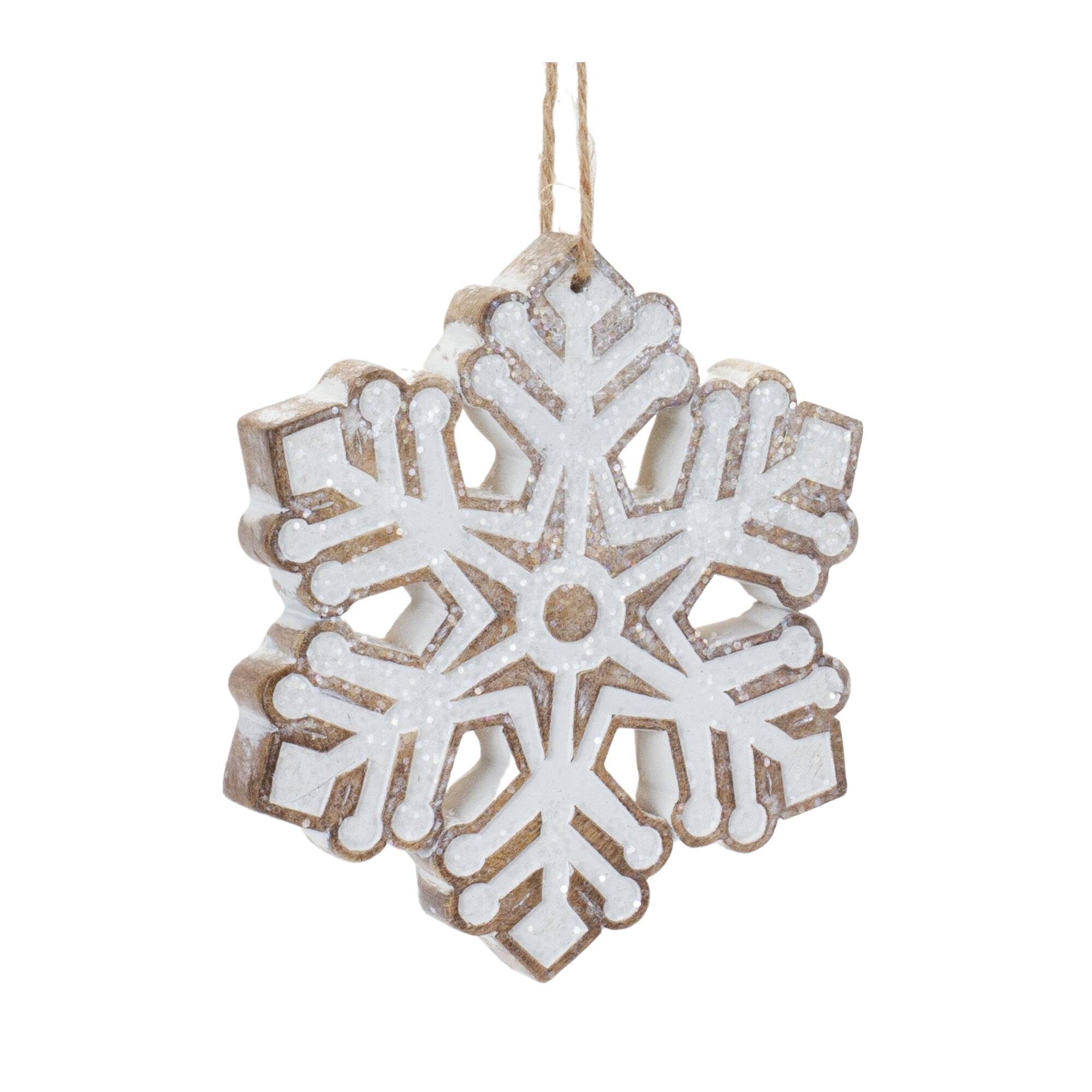 Left. BreeBe - Glittered Snowflake Ornament (Set of 3) - Brown, White.