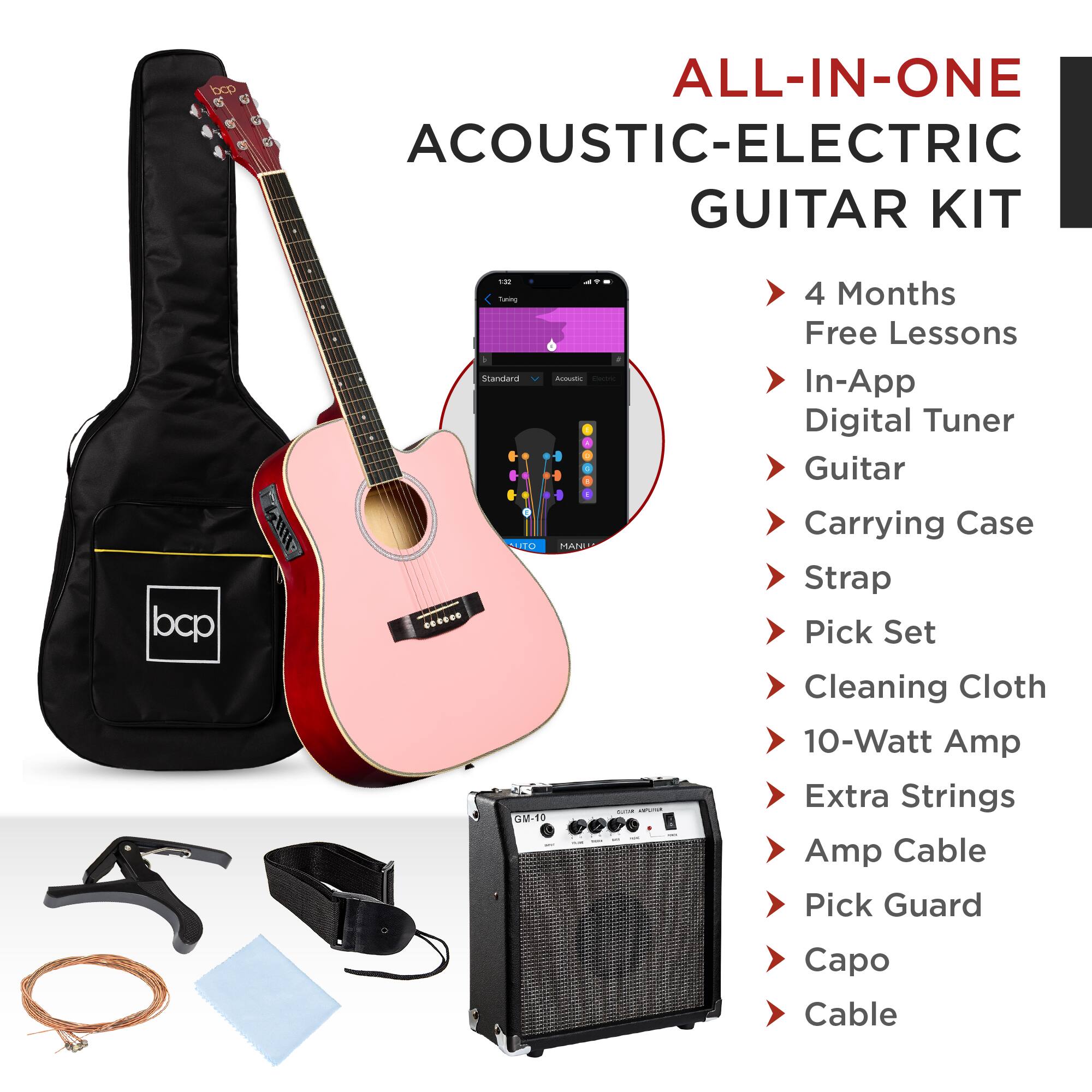 ALL-IN-ONE ACOUSTIC-ELECTRIC GUITAR KIT

- 4 Months Free Lessons
- In-App Digital Tuner
- Guitar
- Carrying Case
- Strap
- Pick Set
- Cleaning Cloth
- 10-Watt Amp
- Extra Strings
- Amp Cable
- Pick Guard
- Capo
- Cable