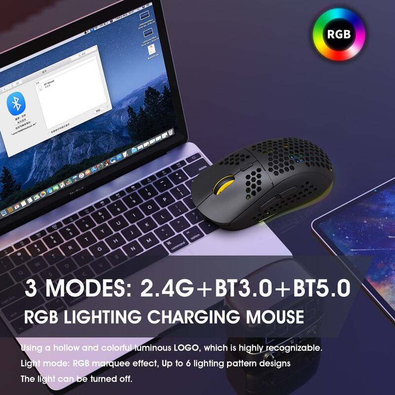 3 MODES: 2.4G + BT3.0 + BT5.0 RGB LIGHTING CHARGING MOUSE

Using a hollow and colorful luminous LOGO, which is highly recognizable. Light mode: RGB marquee effect, Up to 6 lighting pattern designs. The light can be turned off.