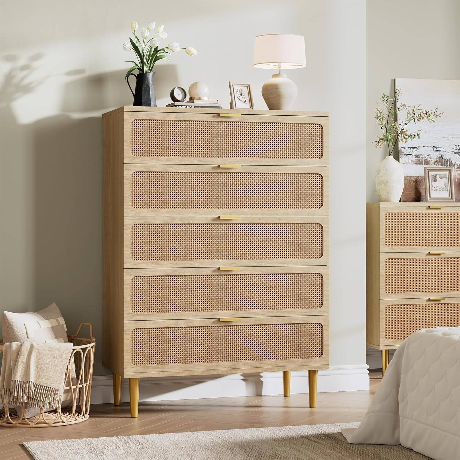 GARVEE - Rattan 5 Drawer Tall Dresser for Bedroom, Large Chest with Deep Drawers and Wide Top for Closet or Hallway - Natural