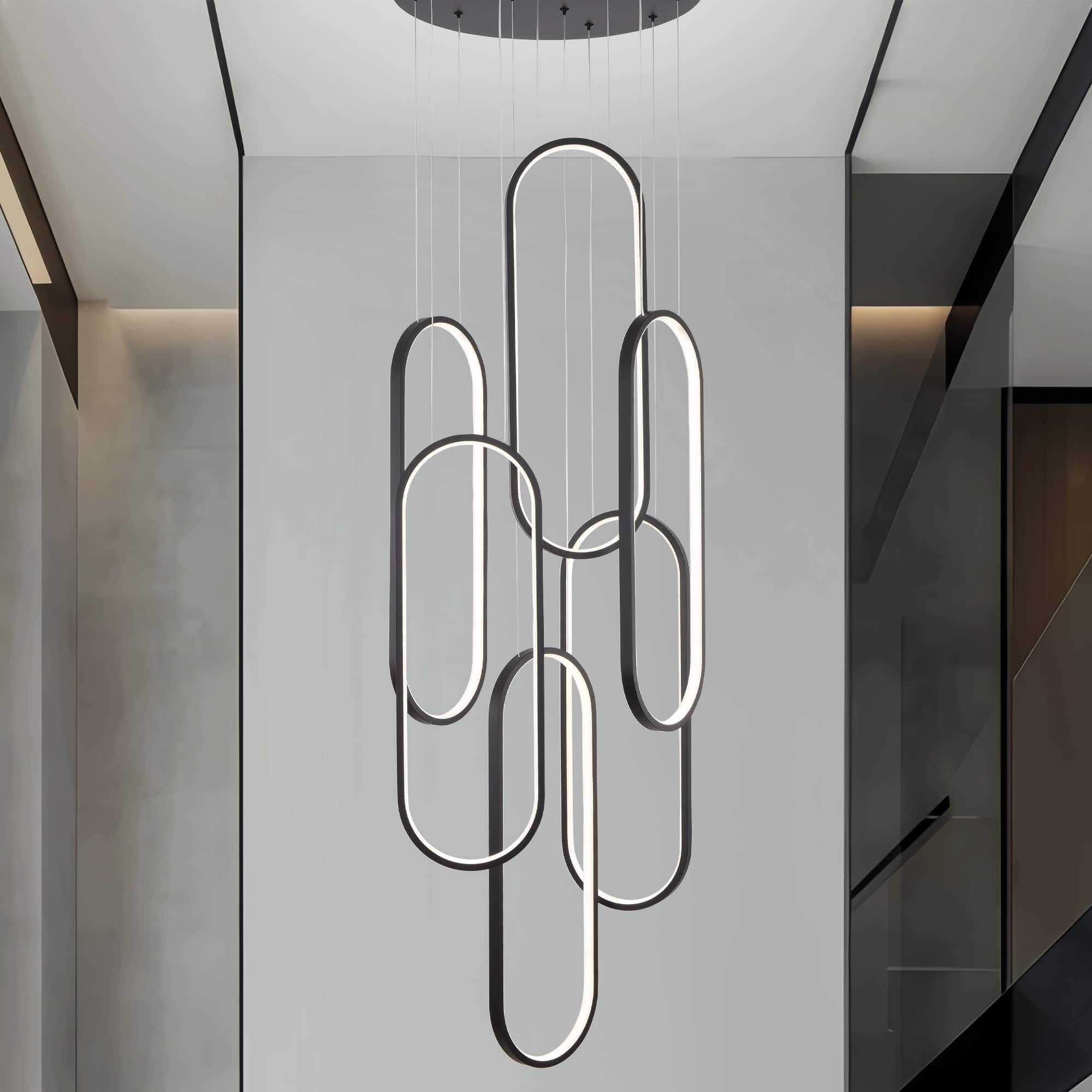 RYHNUYNE - 6-Ring Modern LED Dimmable Pendant Light Fixture, Large High Ceiling Chandelier,Contemporary Light for Staircase - Black