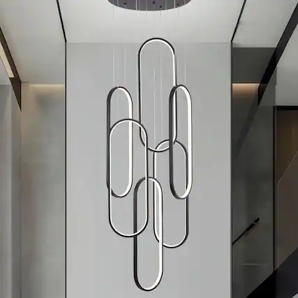 Front. RYHNUYNE - 6-Ring Modern LED Dimmable Pendant Light Fixture,Black Large High Ceiling Chandelier,Contemporary Light for Staircase - Black.