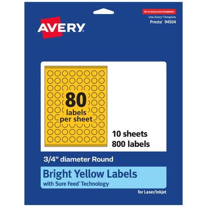 Go to avery.com/templates
AVERY
Use Avery Template Presta® 94504
80 labels per sheet
10 sheets
800 labels
3/4" diameter Round
Bright Yellow Labels with Sure Feed Technology for Laser/Inkjet