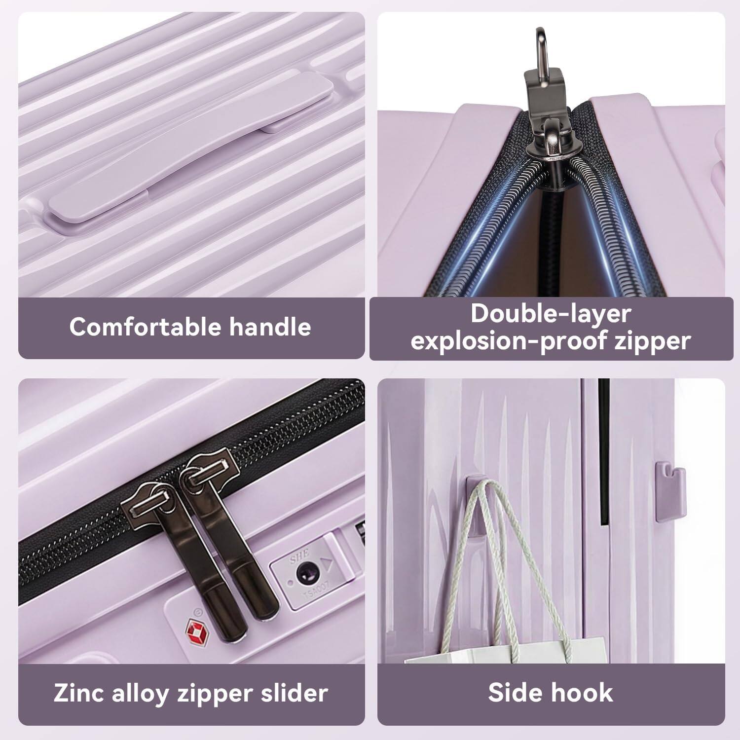 Comfortable handle  
Double-layer explosion-proof zipper  
Zinc alloy zipper slider  
Side hook