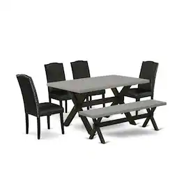 East West Furniture - 6 Pc Dining Room Table Set Includes a Cement Wooden Dining Table and a Modern Bench, 4 Black PU - Multi-Color