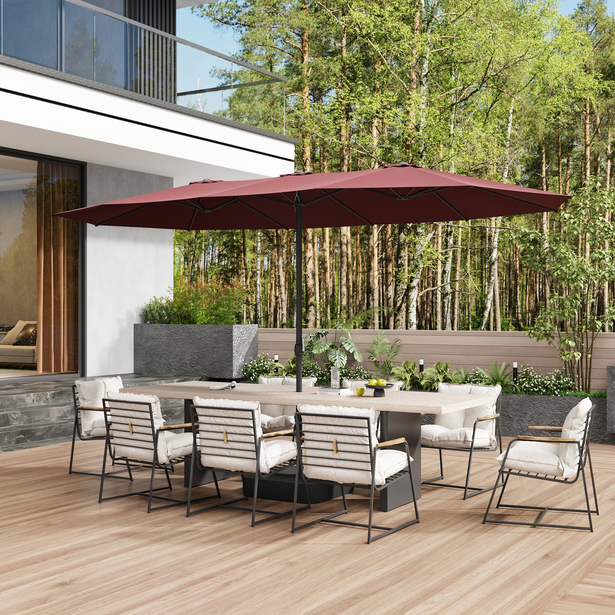 Left. Famapy - 15ft x 9ft Large Rectangular Outdoor Patio Umbrella with Weighted Base - Heavy-Duty Market Shade - Multiple Colors - Burgundy.
