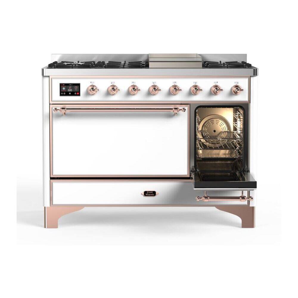 Alt View 4. ILVE - ILVE Majestic II 48 inch Dual Fuel Range with 8 Burners + Griddle (Natural Gas, White, Copper Trim) - White.