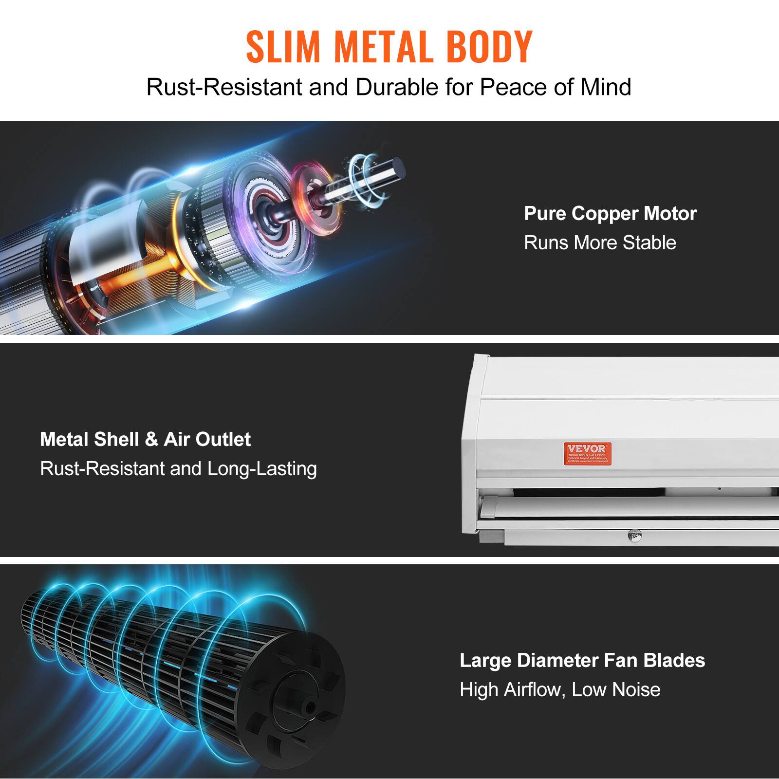 SLIM METAL BODY  
Rust-Resistant and Durable for Peace of Mind  

Pure Copper Motor  
Runs More Stable  

Metal Shell & Air Outlet  
Rust-Resistant and Long-Lasting  

VEVOR  

Large Diameter Fan Blades  
High Airflow, Low Noise