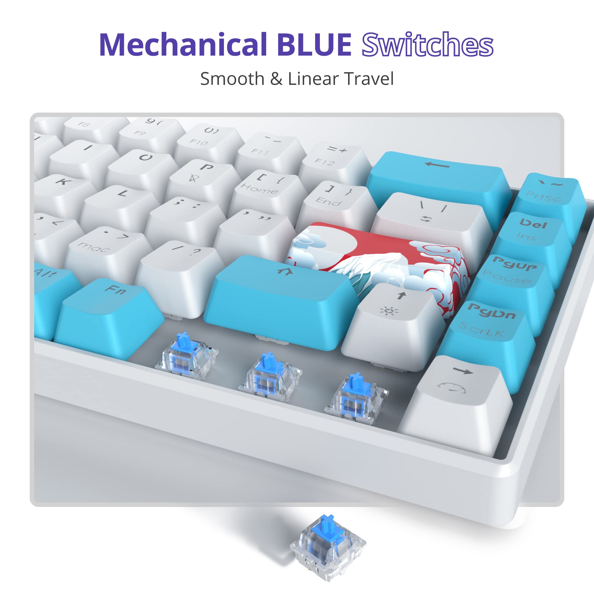Mechanical BLUE Switches  
Smooth & Linear Travel  

F1 F2 F3 F4 F5 F6 F7 F8 F9 F10 F11 F12  
Q W E R T Y U I O P  
A S D F G H J K L  
Z X C V B N M  
Home End PgUp PgDn ScrLk  
Del Ins  
PrtSc Pause