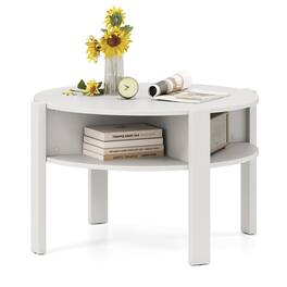 Gymax - 29.5'' 2-Tier Round Coffee Table w/ Storage 4 Shelves Faux Wooden Top - White