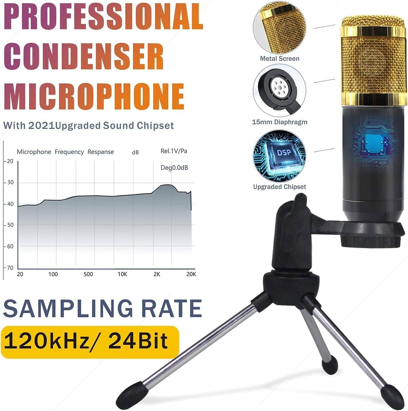 PROFESSIONAL CONDENSER MICROPHONE  
With 2021 Upgraded Sound Chipset  

Metal Screen  
15mm Diaphragm  
Upgraded Chipset  

Microphone Frequency Response  
dB  
Rel.1V/Pa  
Deg0.0dB  

SAMPLING RATE  
120kHz / 24Bit