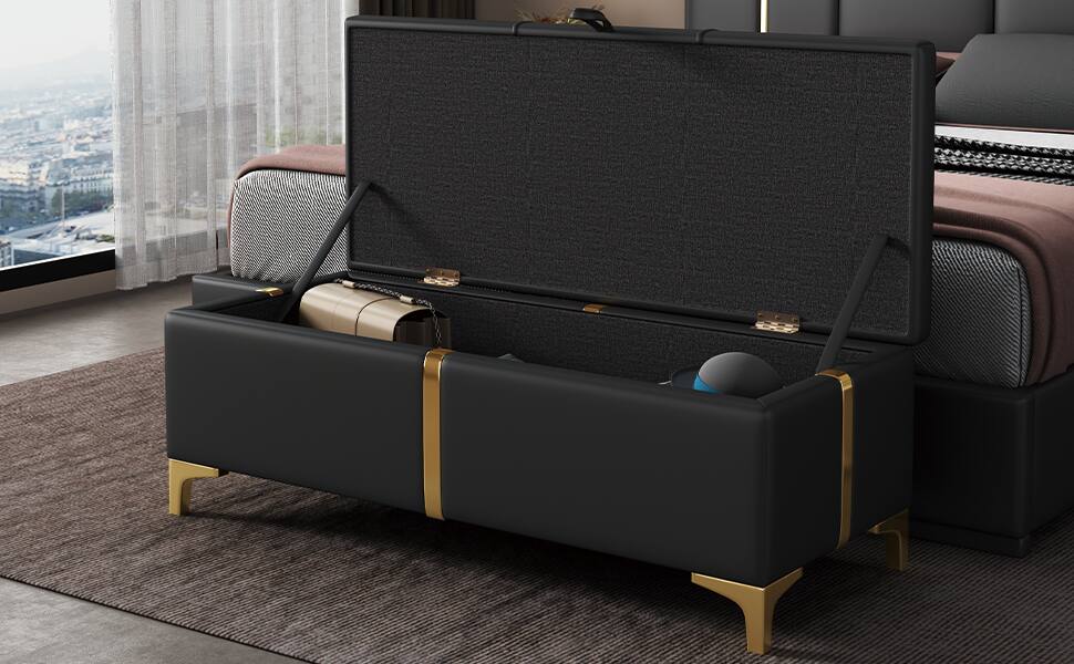 Alt View 6. GOODSILO - Elegant Upholstered Storage Ottoman Bench with Metal Legs - Black.