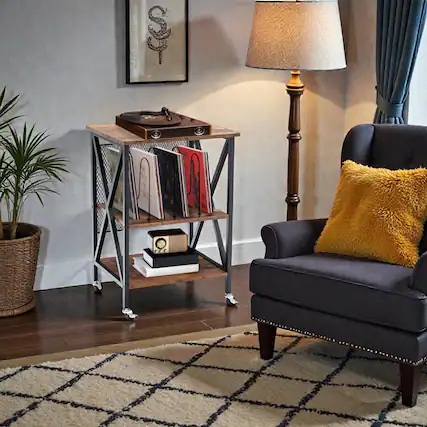 Front. Hivvago - Rolling 3-Tier Table with Compartments for Albums - Brown.