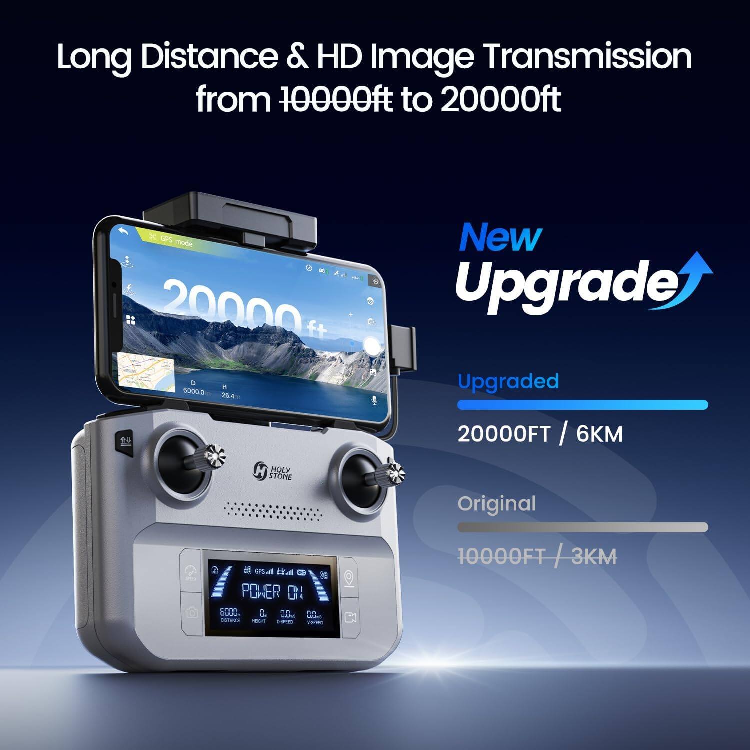 Long Distance & HD Image Transmission from 10000ft to 20000ft

GPS mode 20000 ft D H 6000.0 28.4

New Upgrade Upgraded

20000FT / 6KM
HOLY STONE
Original
GPS POWER 10 CONN L on 0000 DD Un use www DISTAINCE HEGHT DAPIRO PED
10000FT / 3KM