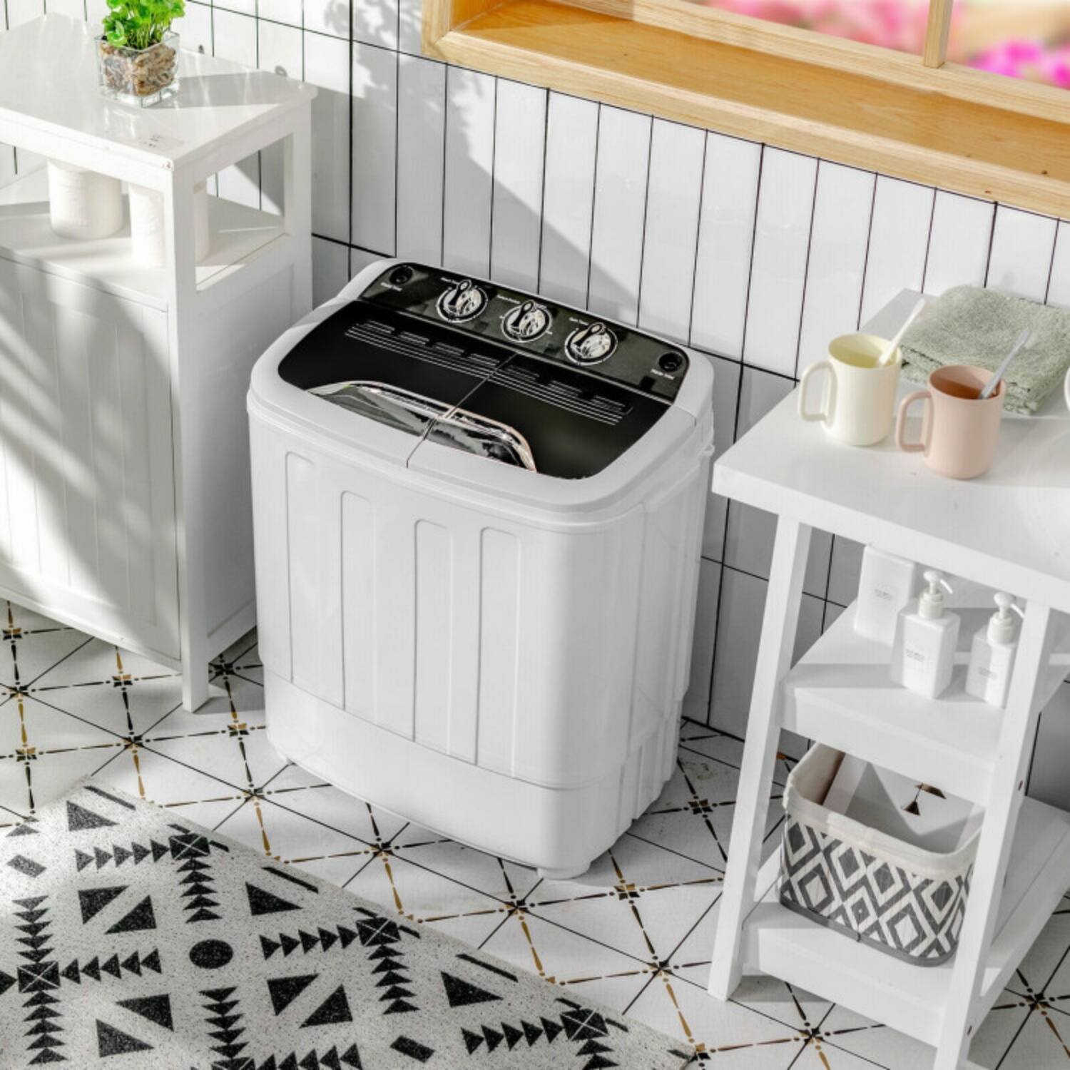 Front. LUCKY ONE - 20 lbs Freestanding Compact Twin Tub Washing Machine with Separate Timers - Black.