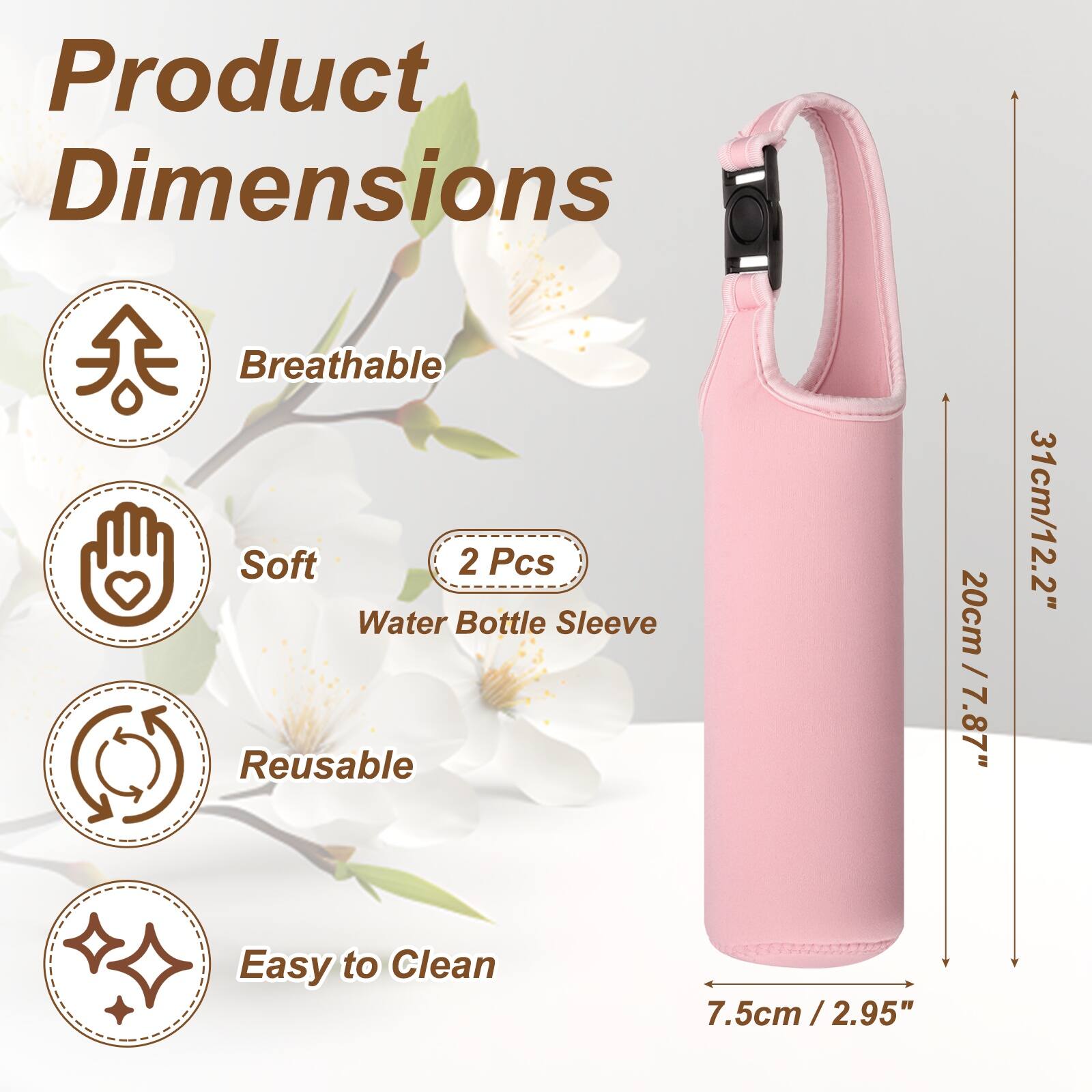 Product Dimensions: Breathable, Soft, 2 Pcs Water Bottle Sleeve, Reusable, Easy to Clean  
Dimensions: 20cm / 7.87", 31cm / 12.2", 7.5cm / 2.95"