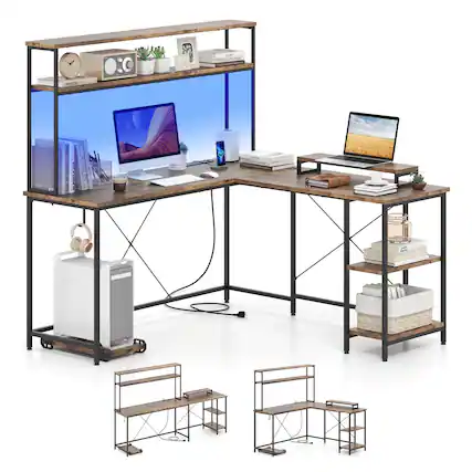 The image features a wooden desk with a laptop, a computer monitor, and a keyboard. There are also several books and a cell phone on the desk. Additionally, there is a clock and a potted plant nearby. The desk is part of a shelf unit that also has a small refrigerator and a TV. The arrangement of the items on the desk and shelf creates a functional and organized workspace.