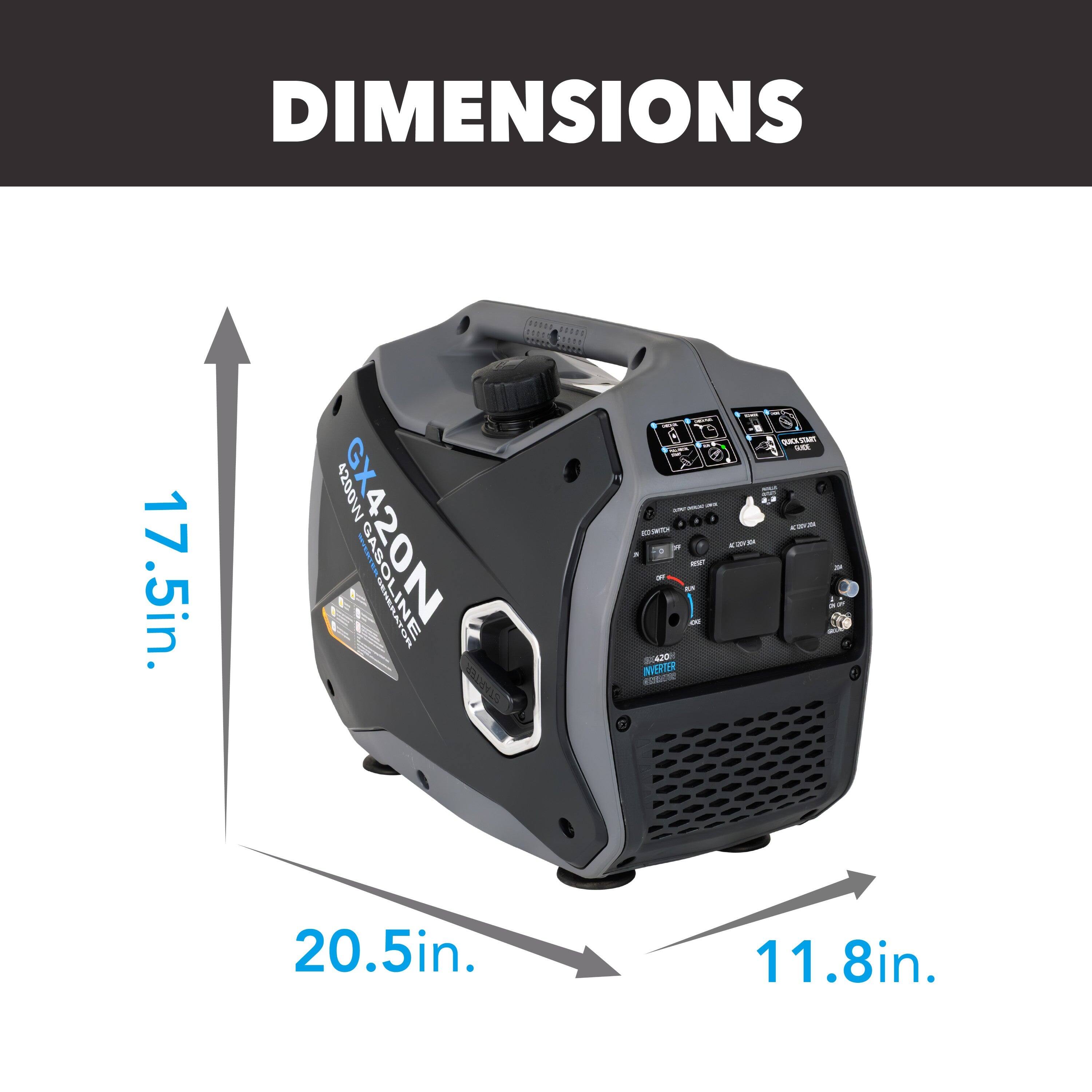 DIMENSIONS  
17.5in. x 20.5in. x 11.8in.  
4200W  
GX420N  
SASOLINE OE  
INVERTER