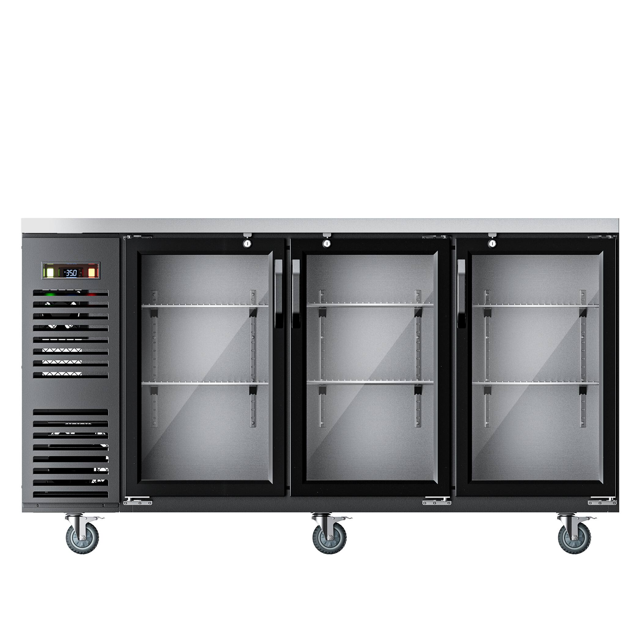 Back. Coolake - Coolake 72” Commercial Back Bar Cooler with 3 Glass Door in Stainless Steel, 24cu.ft. Undercounter Beverage Refrigerator - Black.