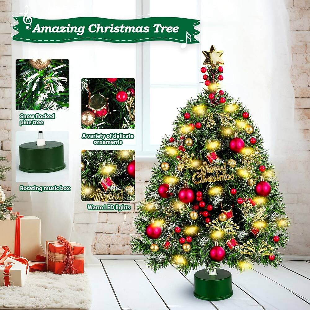 Amazing Christmas Tree

- Snow-flocked pine tree
- A variety of delicate ornaments
- Rotating music box
- Warm LED lights