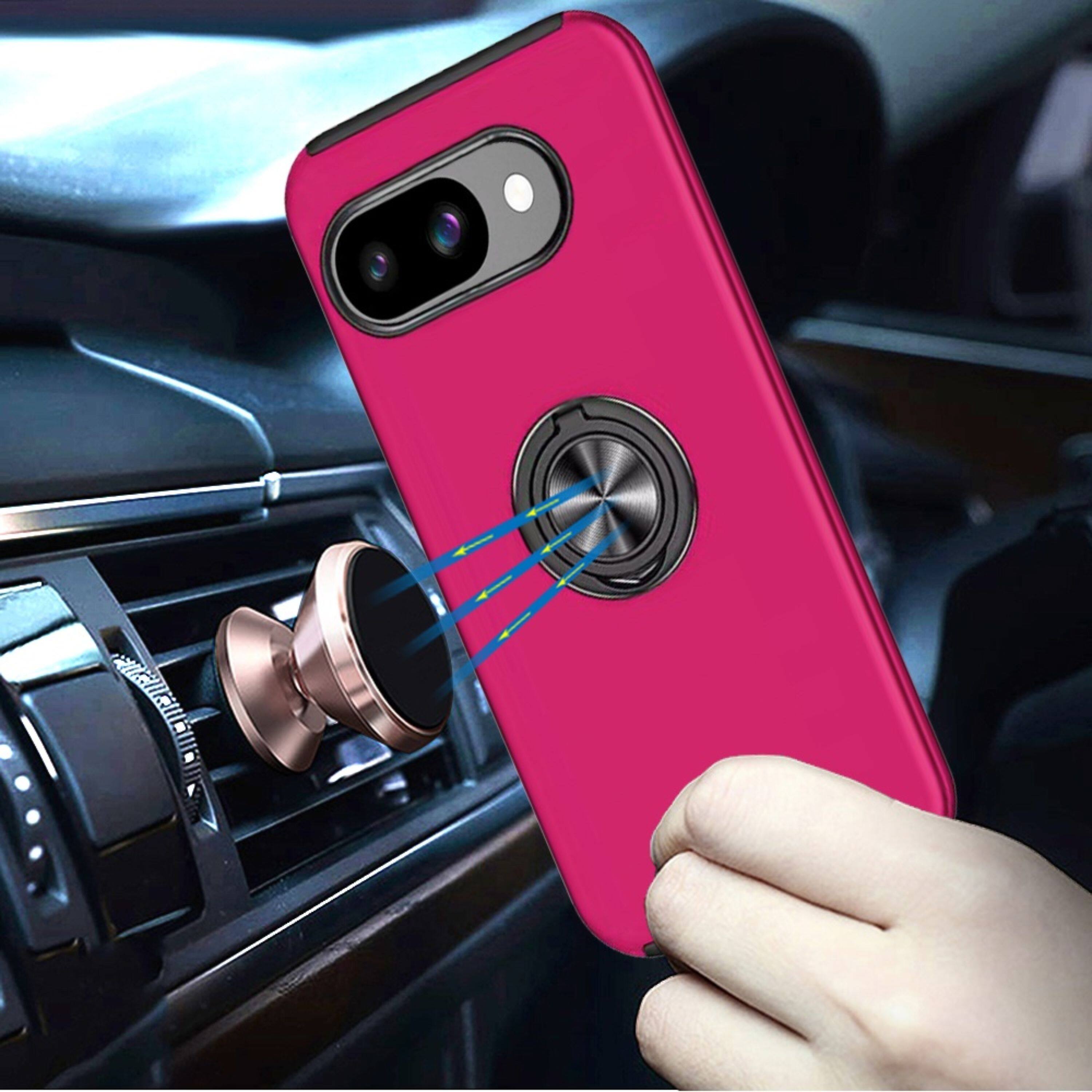 Angle. Kitcheniva - Rubber Dual Layer Phone Case Magnetic Ring Stand With Tempered Glass For Google Pixel 10a Hot Pink - Hot Pink.