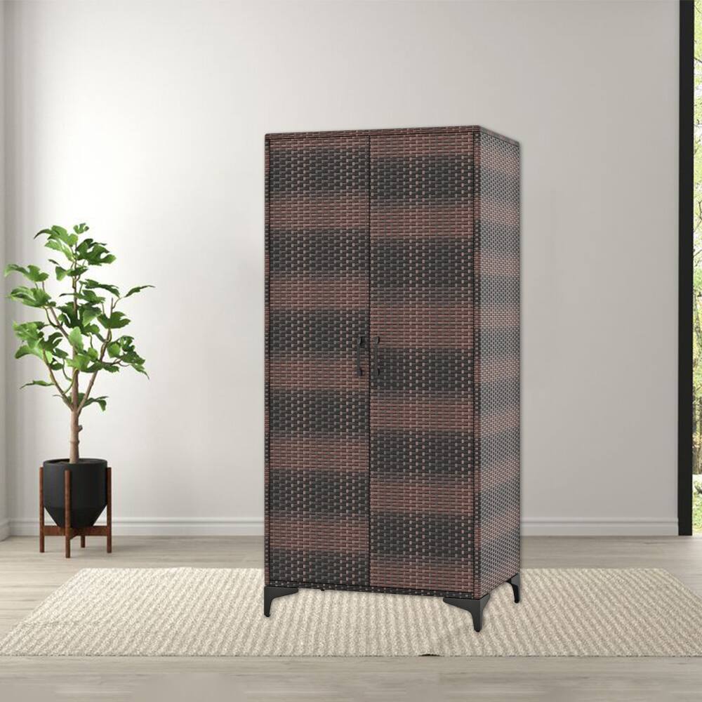 Hivvago 2 Door Rattan Wardrobe Closet with Hanging Rod and Woven Wicker ...