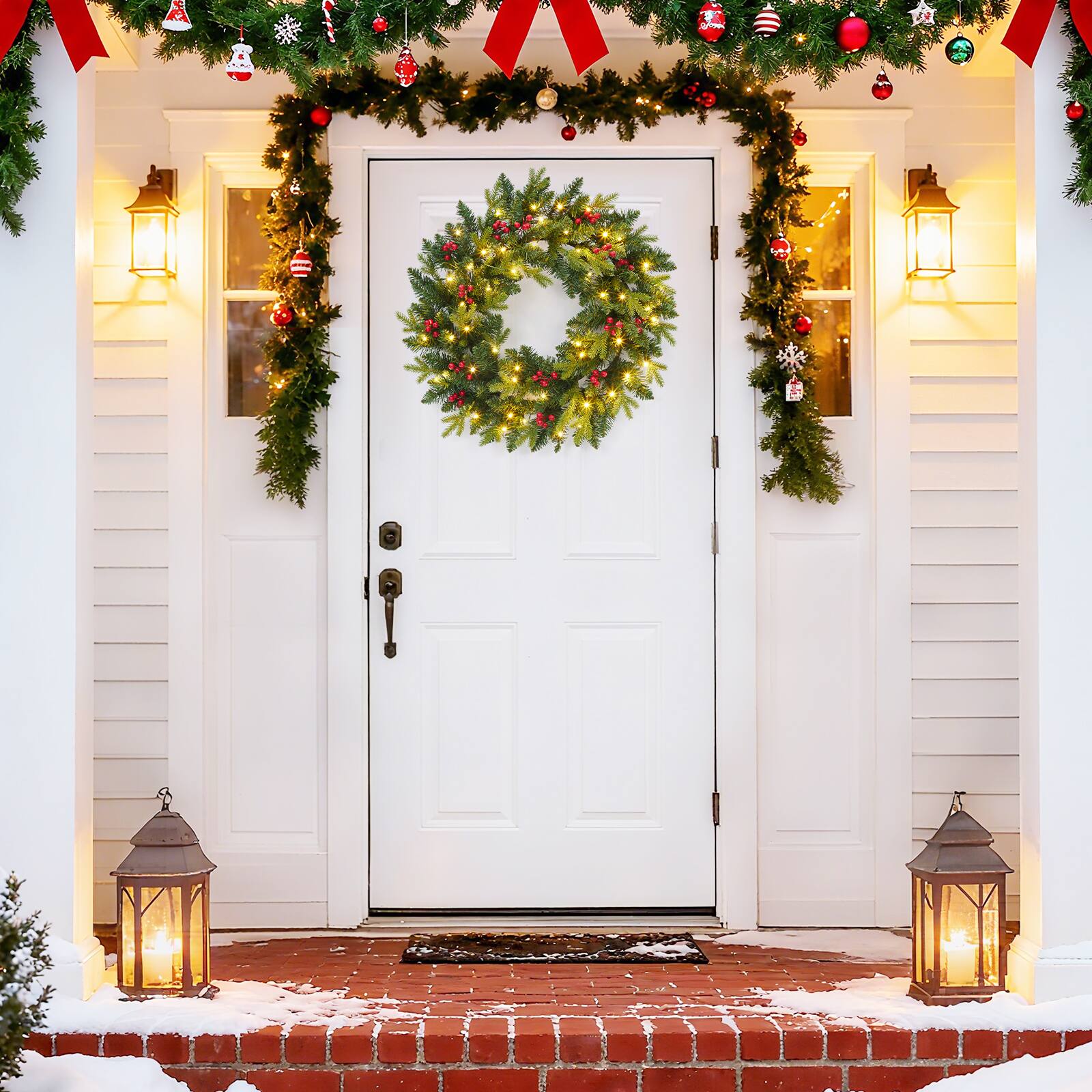 Left. Acekool - 24 Inch Christmas Wreaths with Red Berries and Led Lights for Front Door Entryway Window Wall Hallway Green - Green.