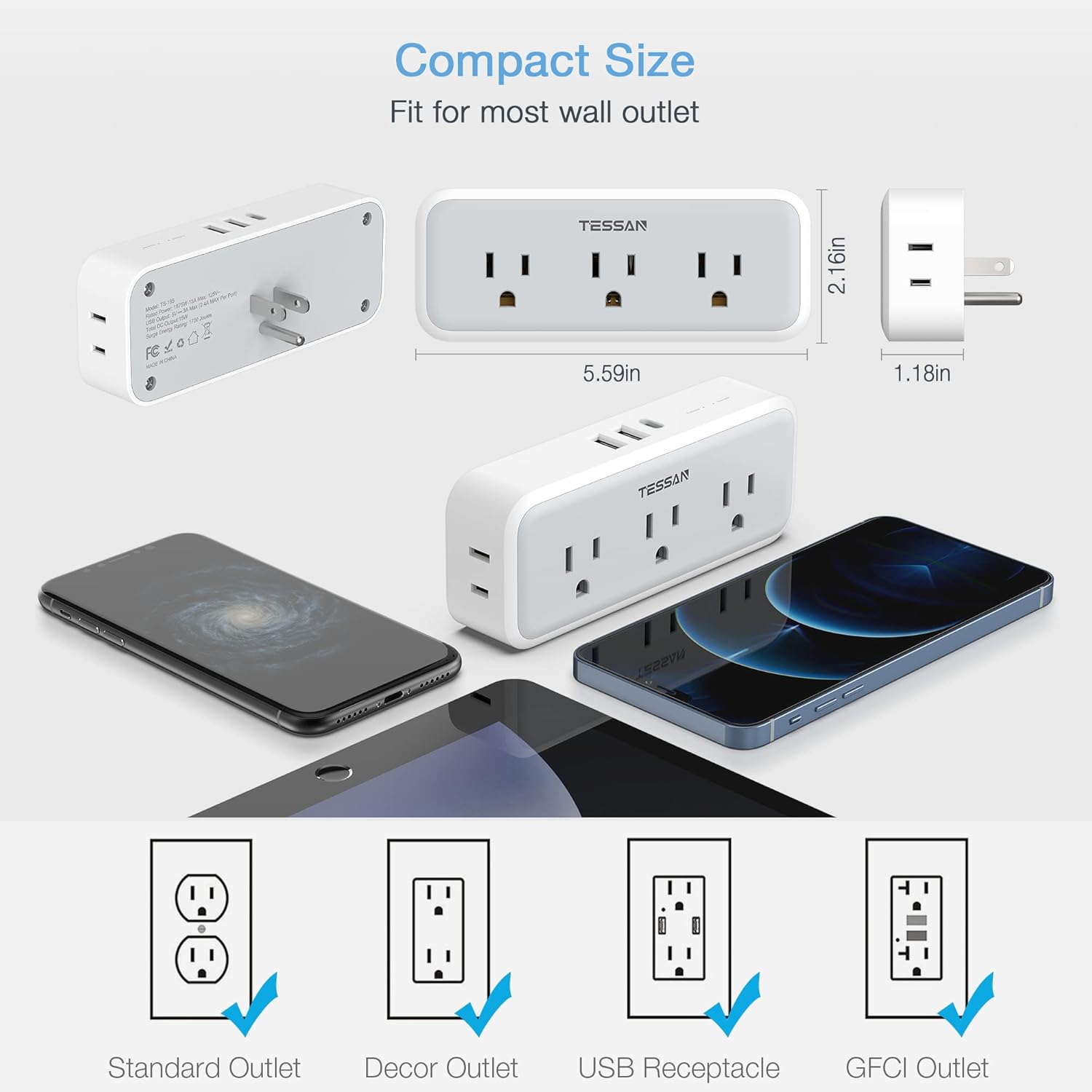 Compact Size  
Fit for most wall outlet  

TESSAN  
5.59in x 2.16in x 1.18in  

Standard Outlet  
Decor Outlet  
USB Receptacle  
GFCI Outlet