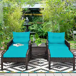 Costway - 5 PCS Patio Rattan Furniture Set Sofa Ottoman Table Cushioned - Turquoise