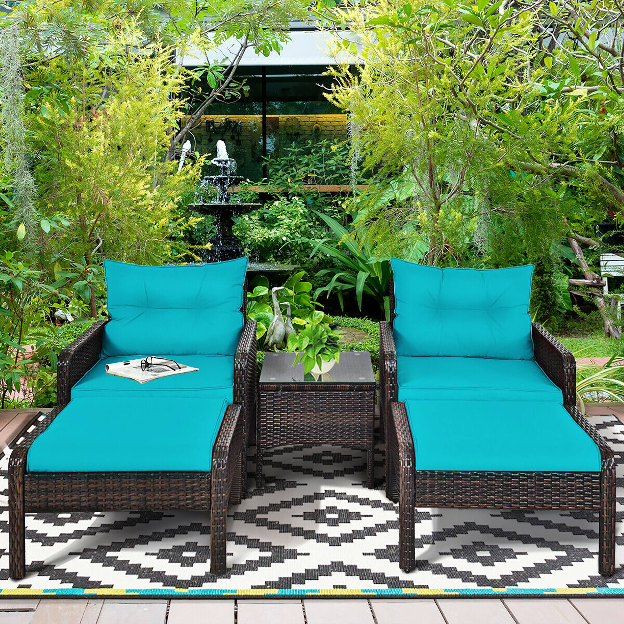Alt View 1. Costway - Costway 5 PCS Patio Rattan Furniture Set Sofa Ottoman Table Cushioned - Turquoise.