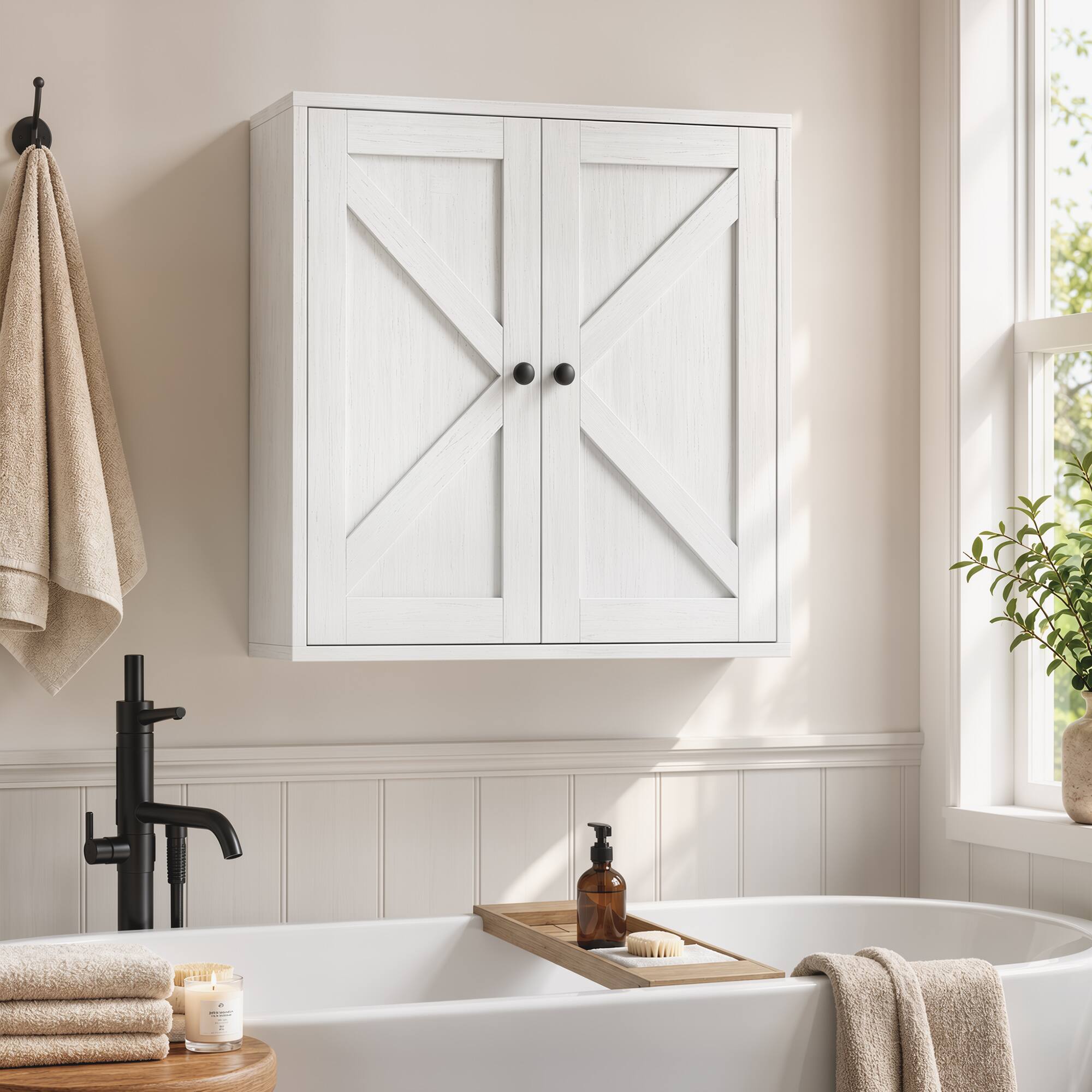 Alt View 1. Homcom - Wall Cabinet, Farmhouse Bathroom Cabinet Wall Mount with 2 Shelves - White wood grain.